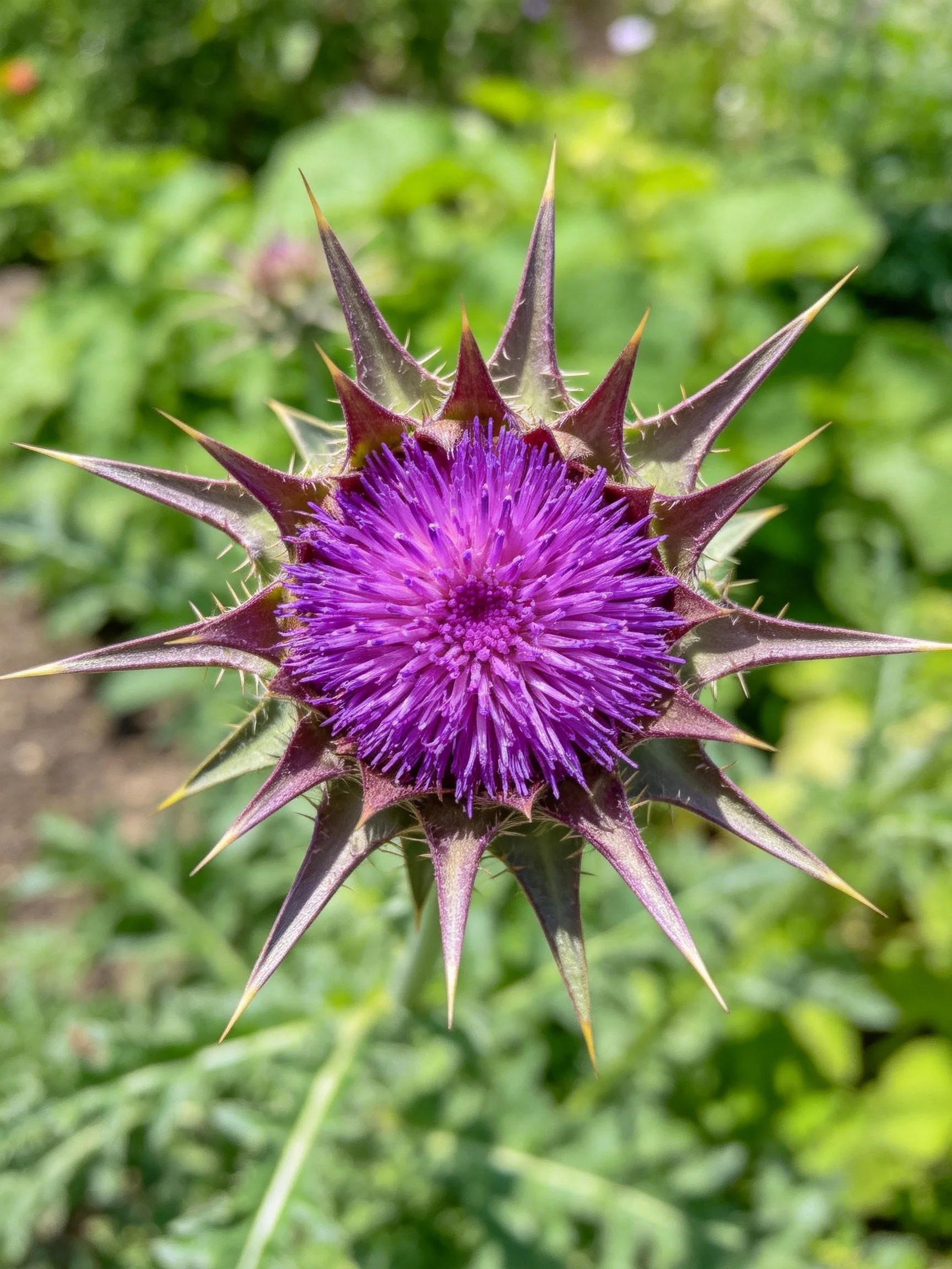A vibrant purple thistle flower with sharp spiky bracts