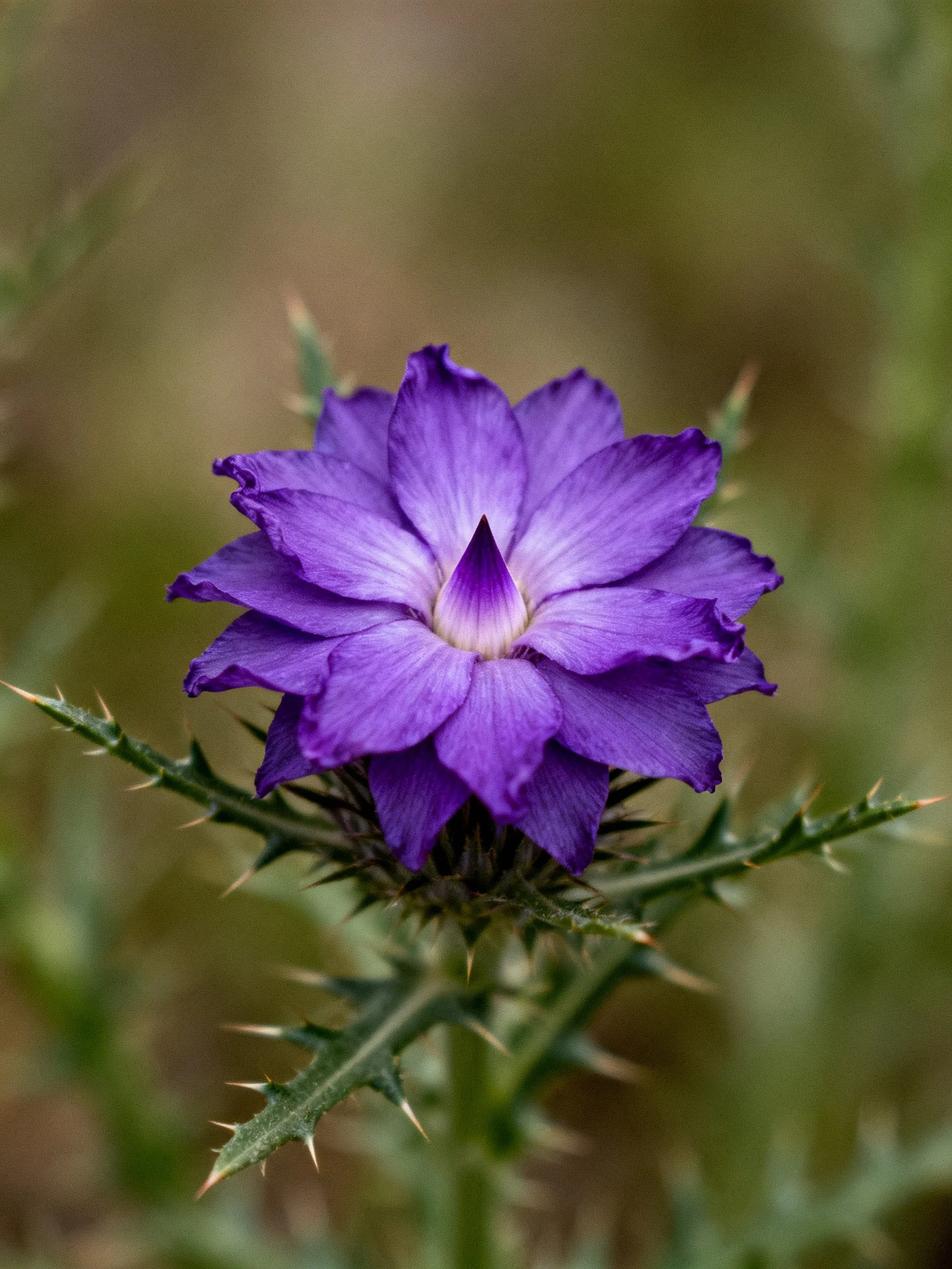 A vibrant purple thistle flower with spiky green foliage