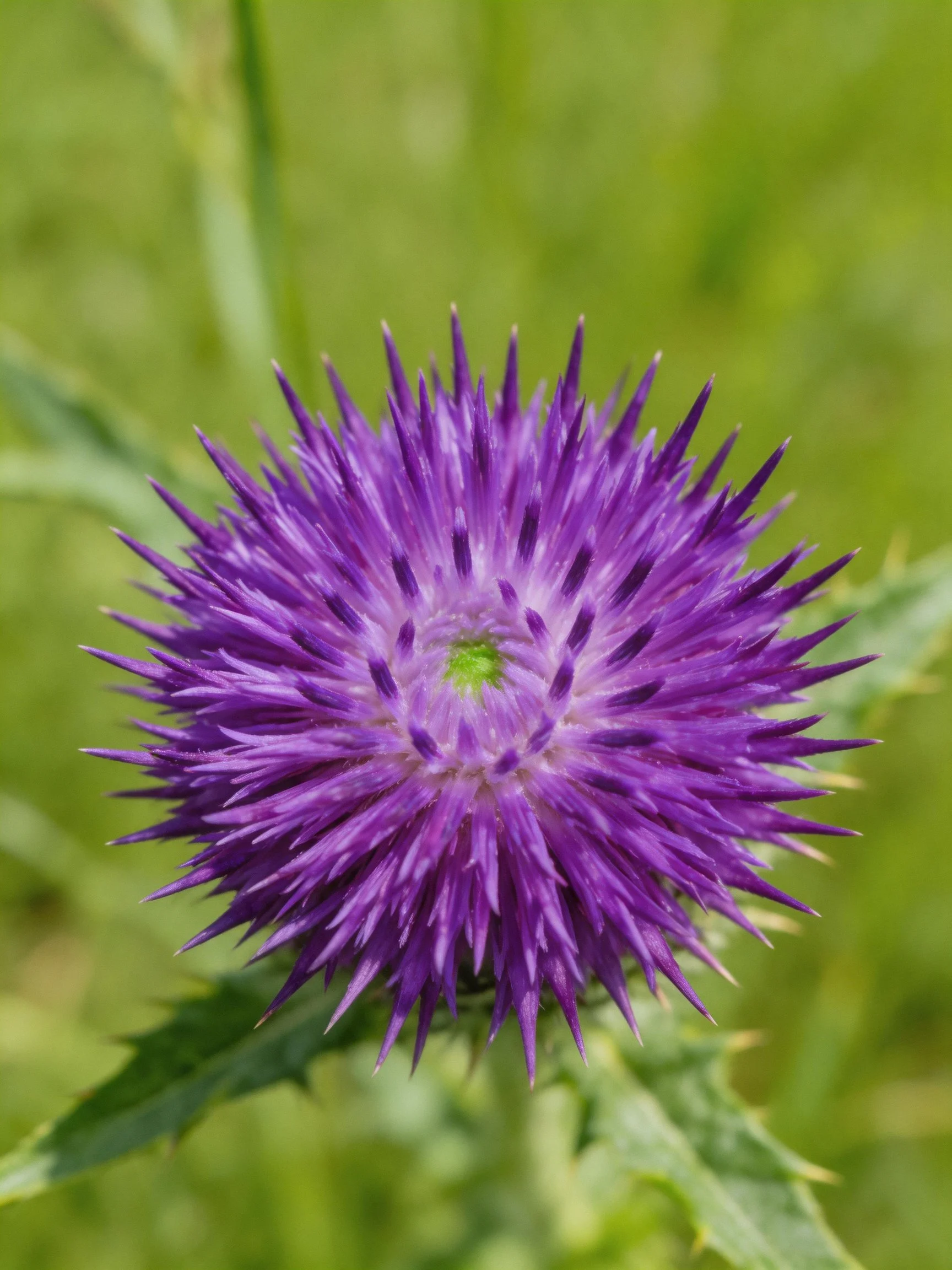 A vibrant purple thistle flower with spiky petals and green foliage
