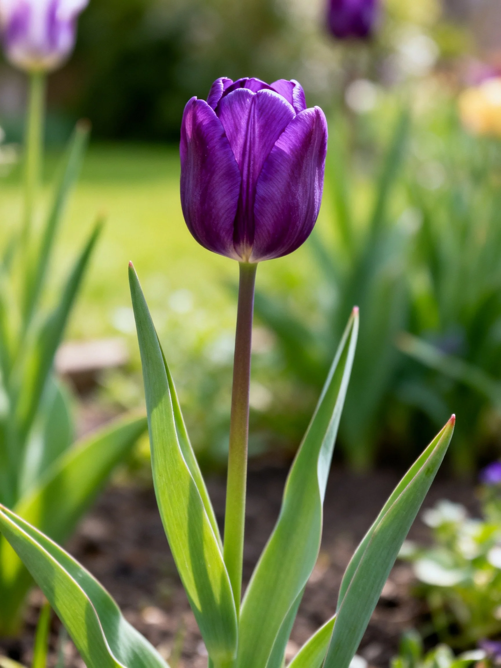 A vibrant purple tulip stands tall among green foliage