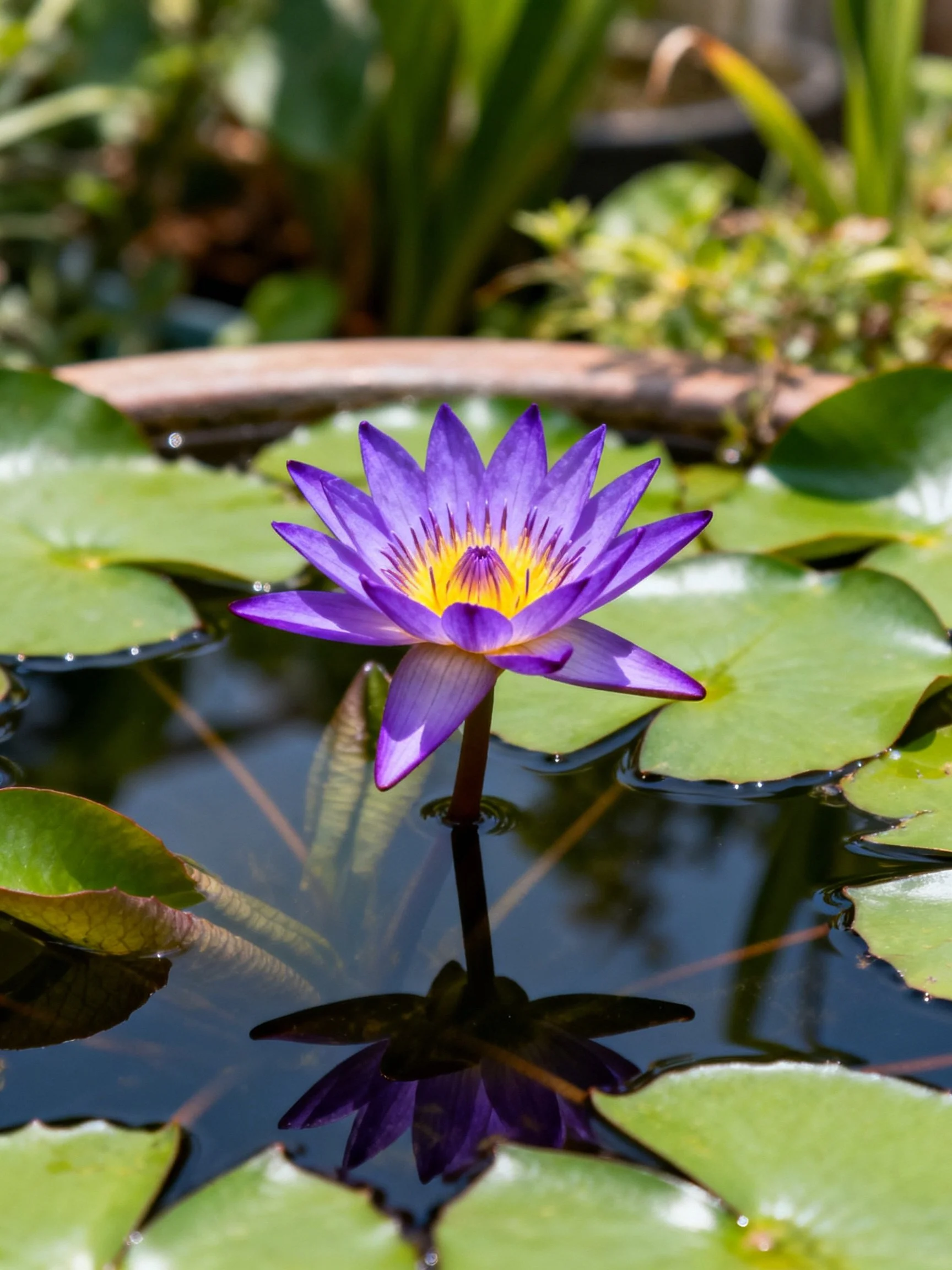 A vibrant purple water lily blooms amid green lily pads