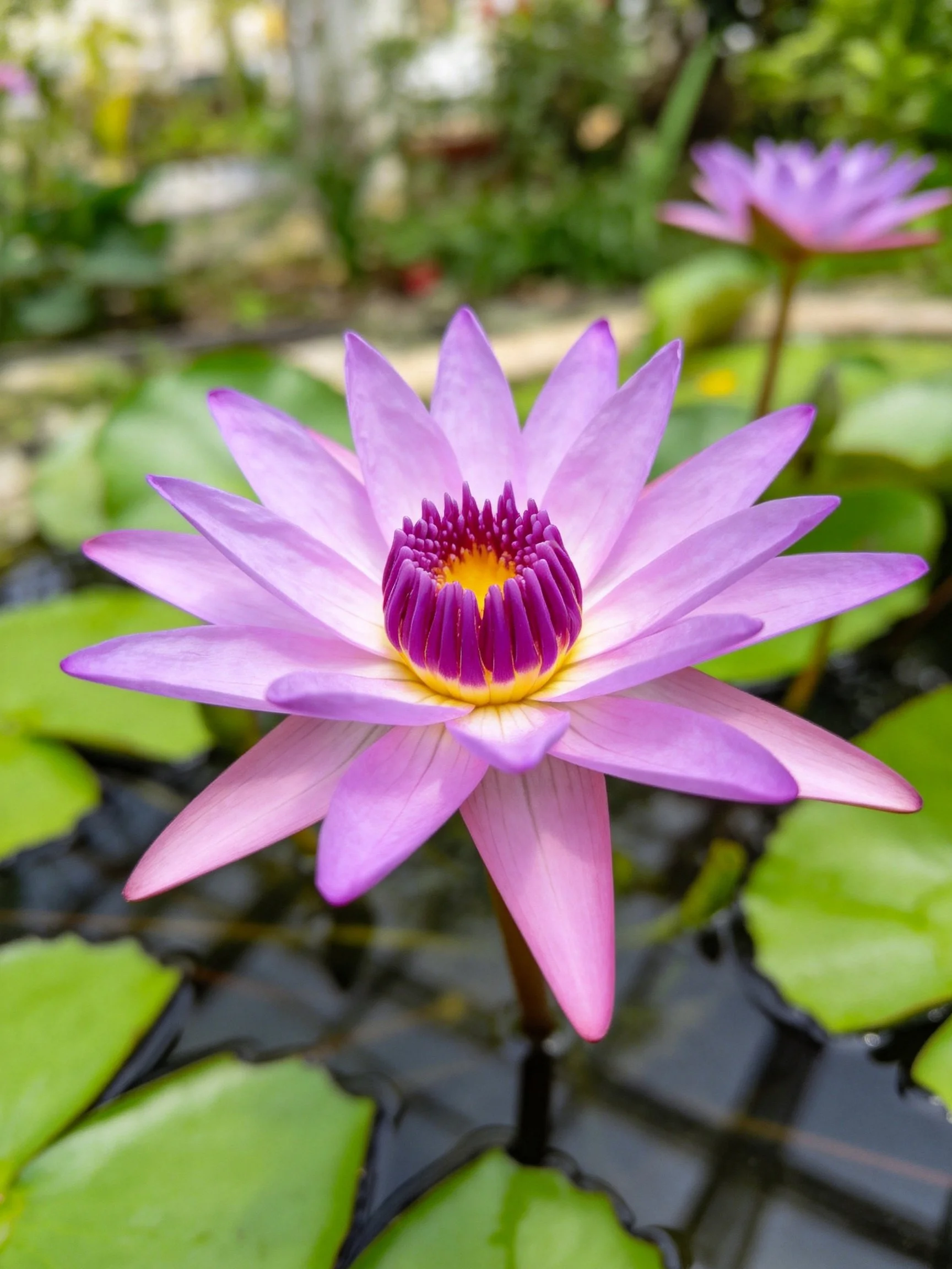 A vibrant purple water lily blooms among green lily pads