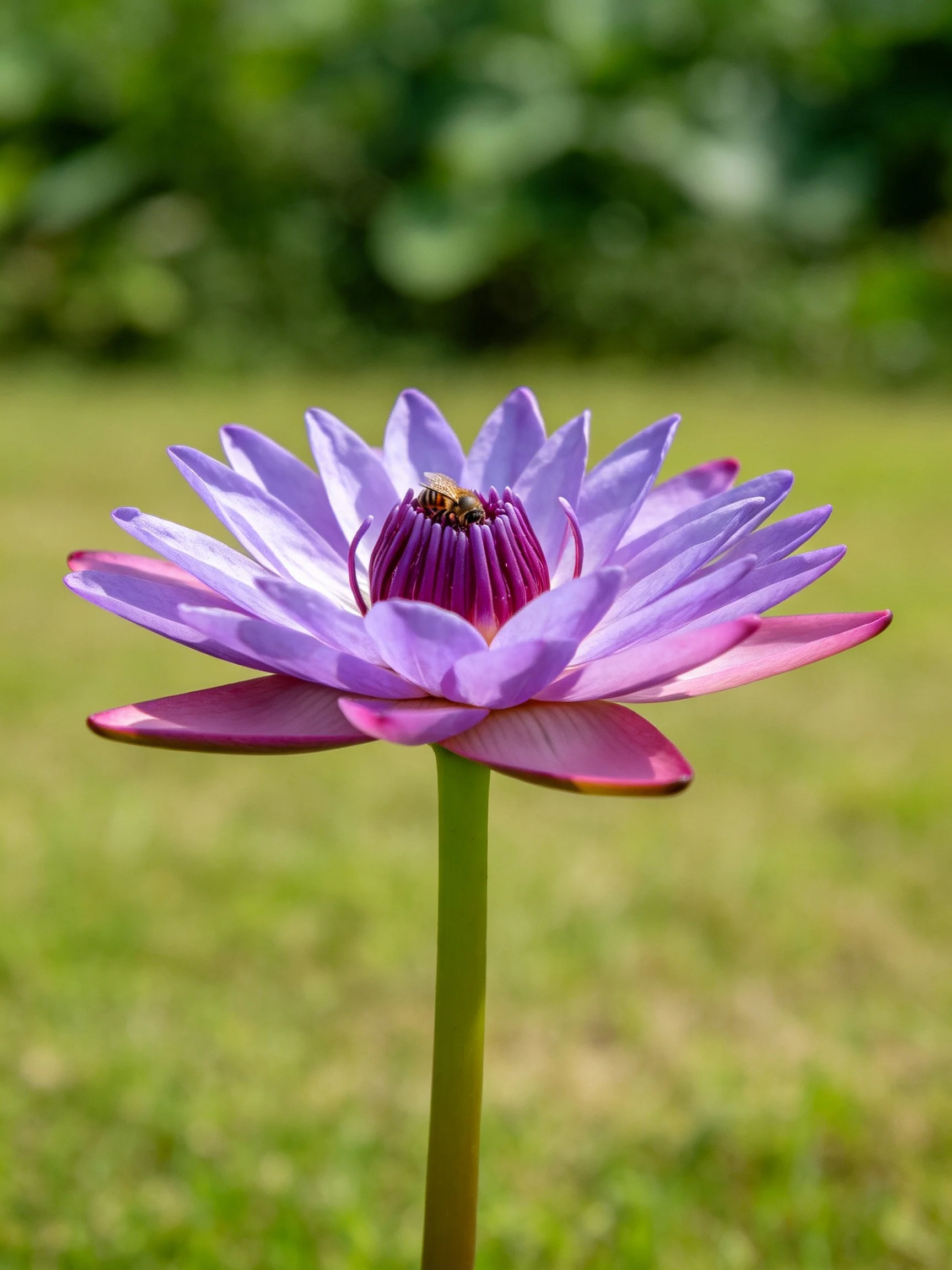 A vibrant purple water lily with a bee on its center