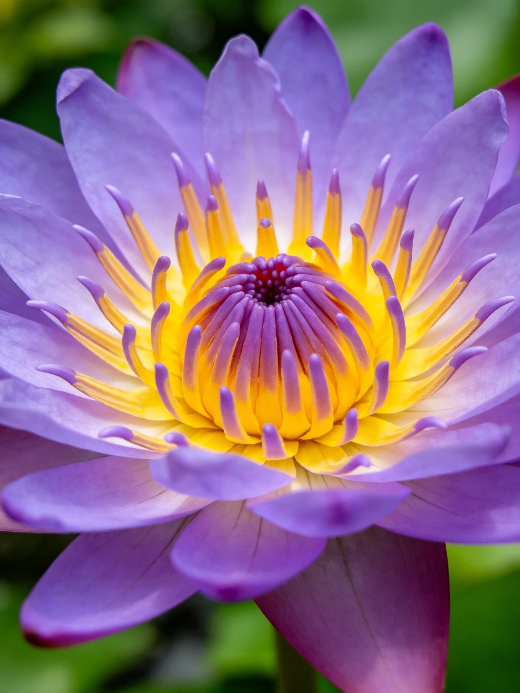 A vibrant purple water lily with golden - yellow center