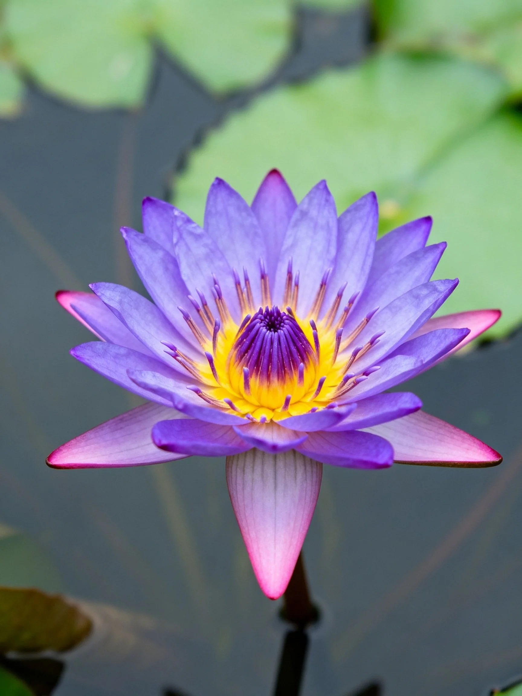A vibrant purple water lily with pink-tipped petals and a golden center