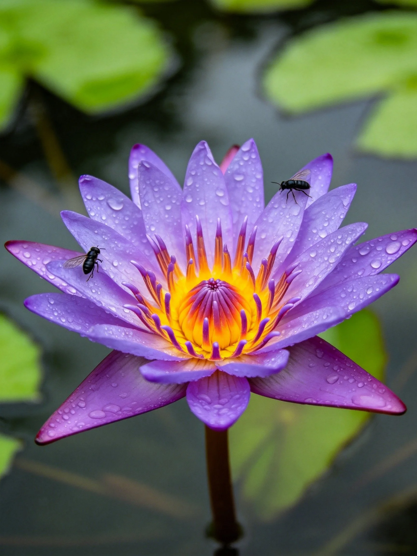 A vibrant purple water lily with water droplets and two insects