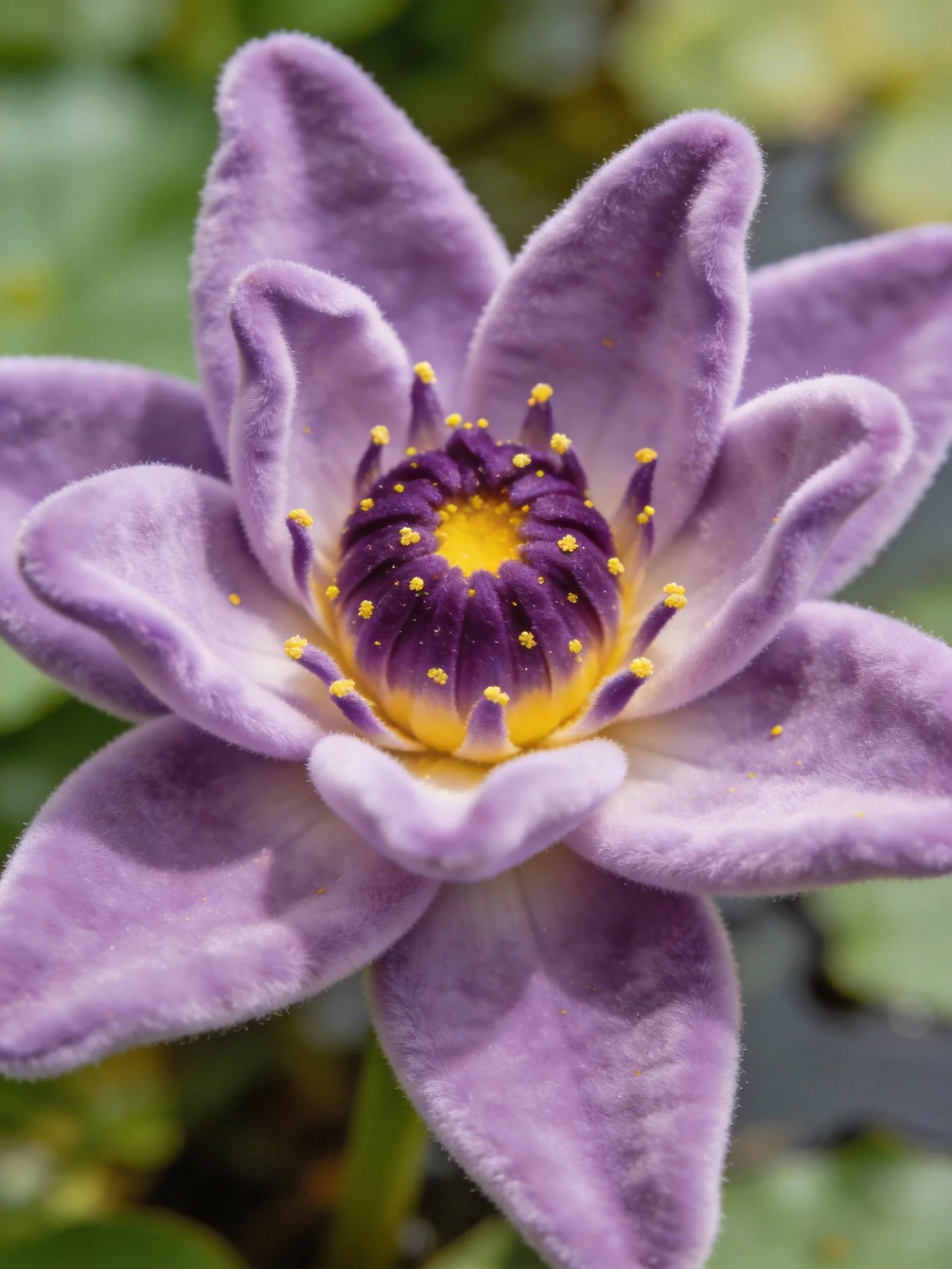 A vibrant purple water lily with yellow and dark purple center