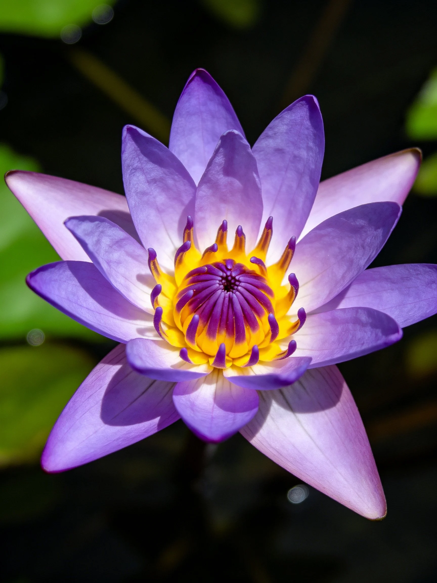 A vibrant purple water lily with yellow and purple center
