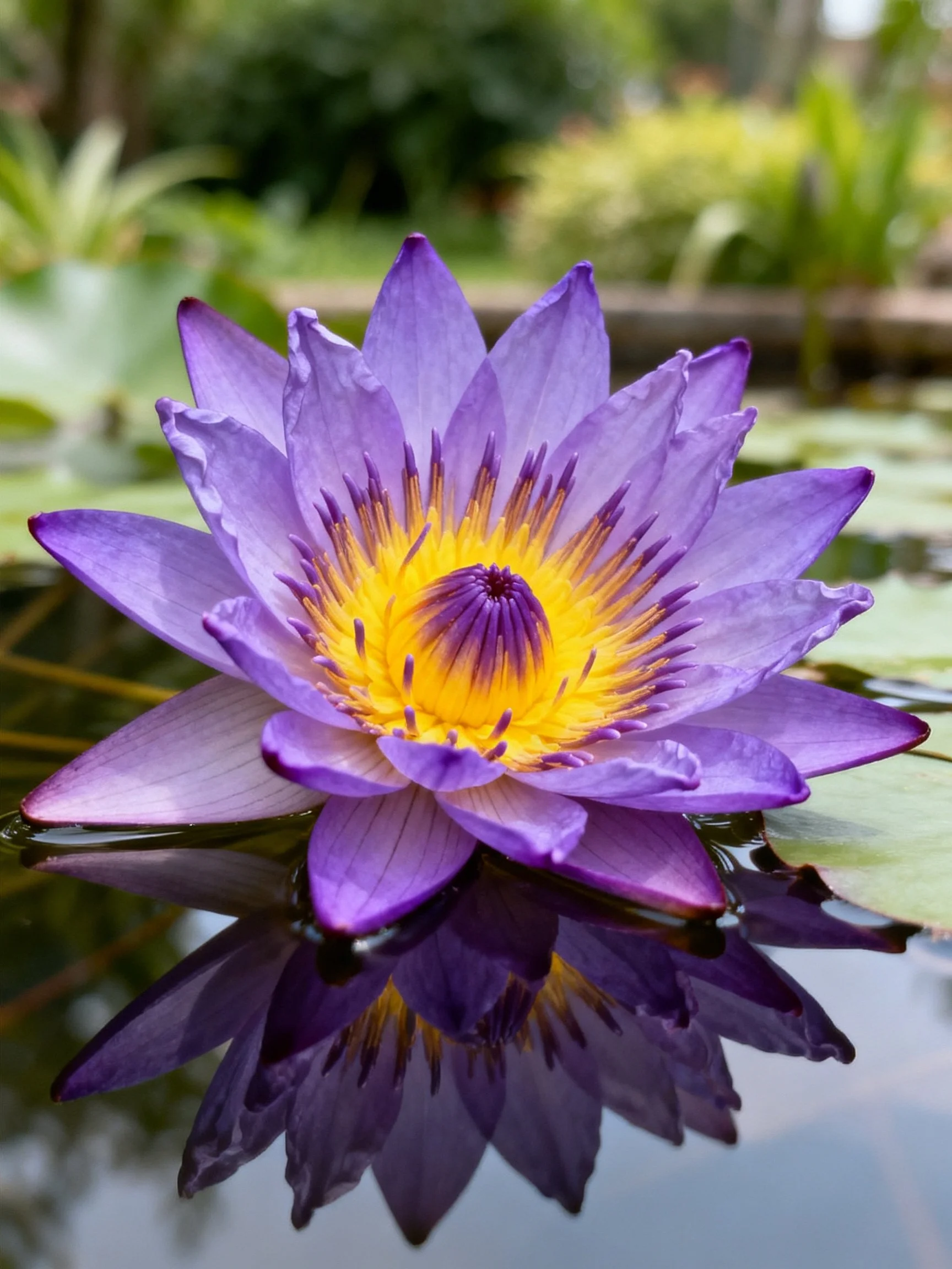 A vibrant purple water lily with yellow center floats on reflective water