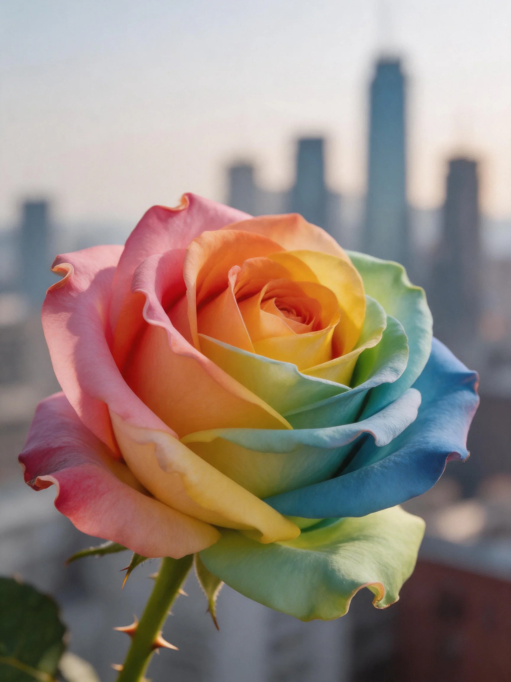 A vibrant rainbow rose with pink, orange, yellow, blue petals beside skyscrapers