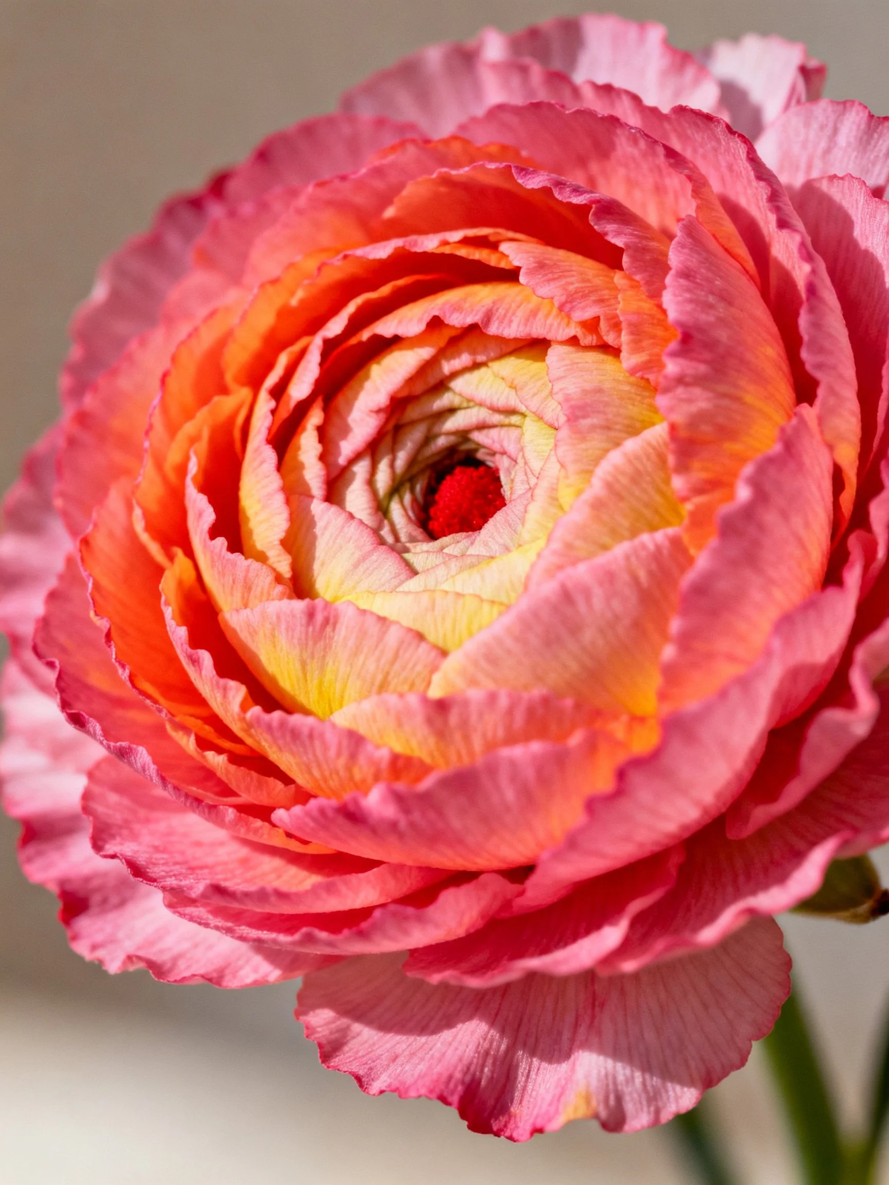 A vibrant ranunculus flower with layered pink-orange-yellow petals