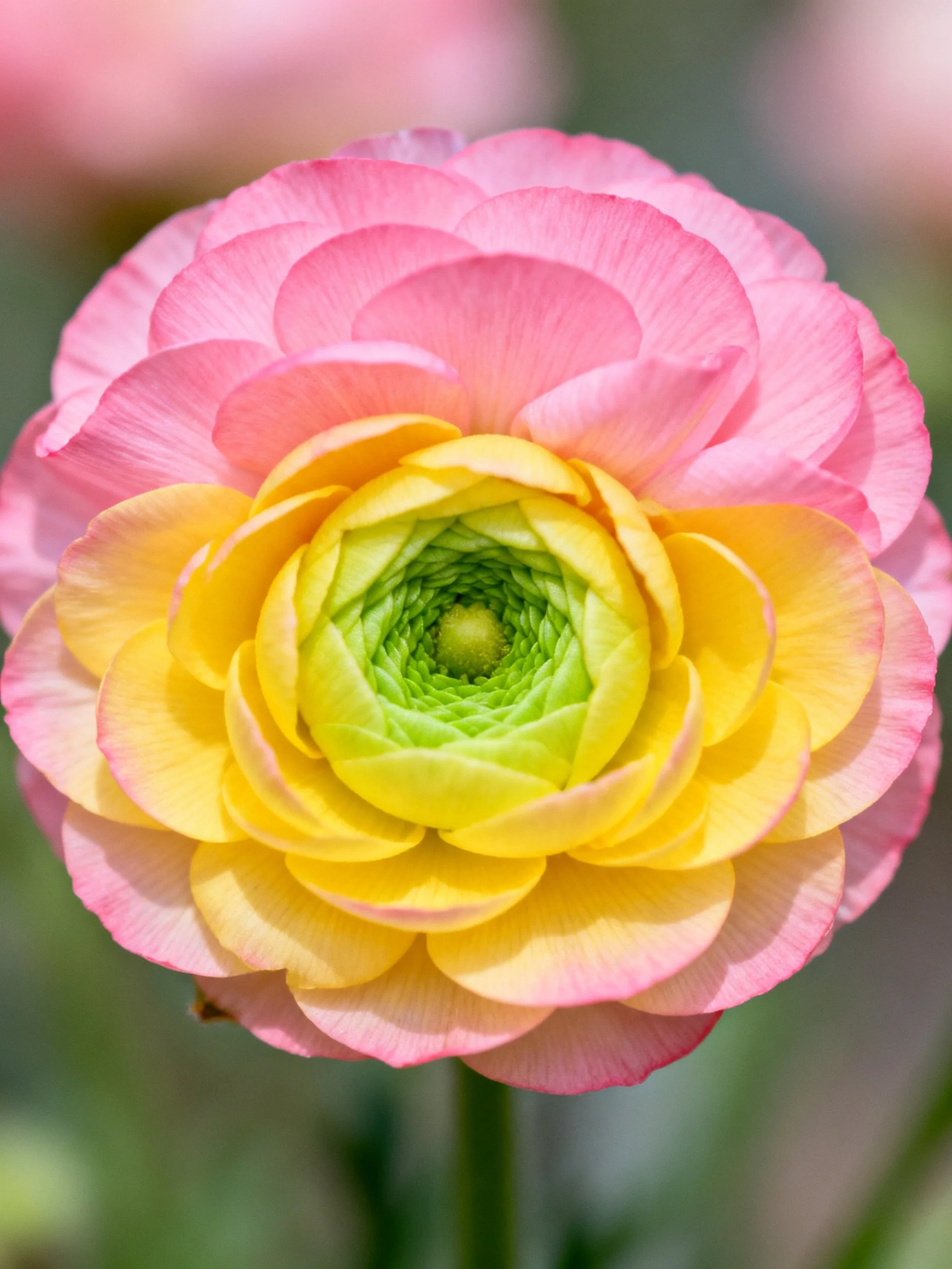 A vibrant ranunculus flower with pink, yellow, and green layered petals