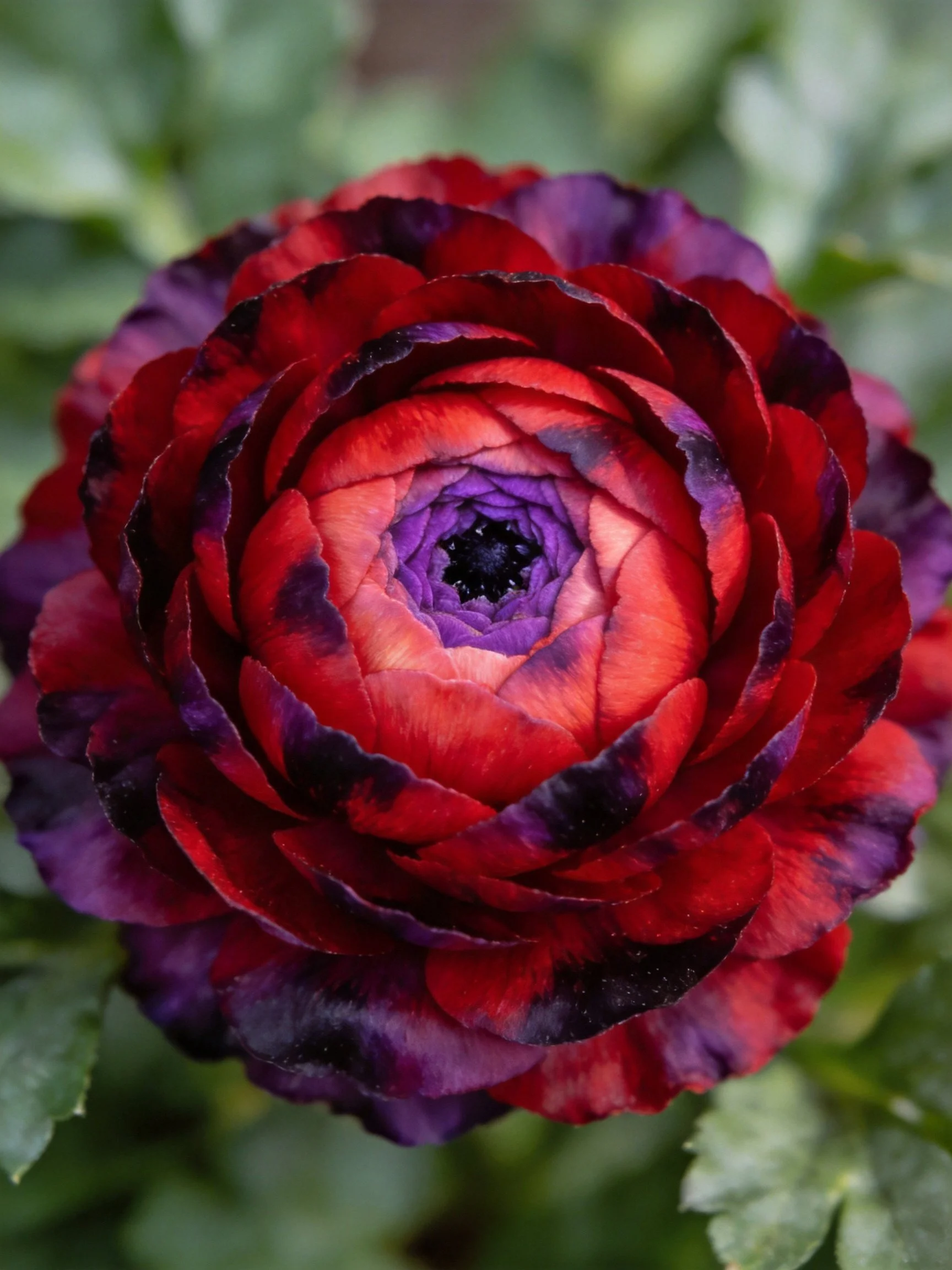 A vibrant ranunculus with red and purple petal layers