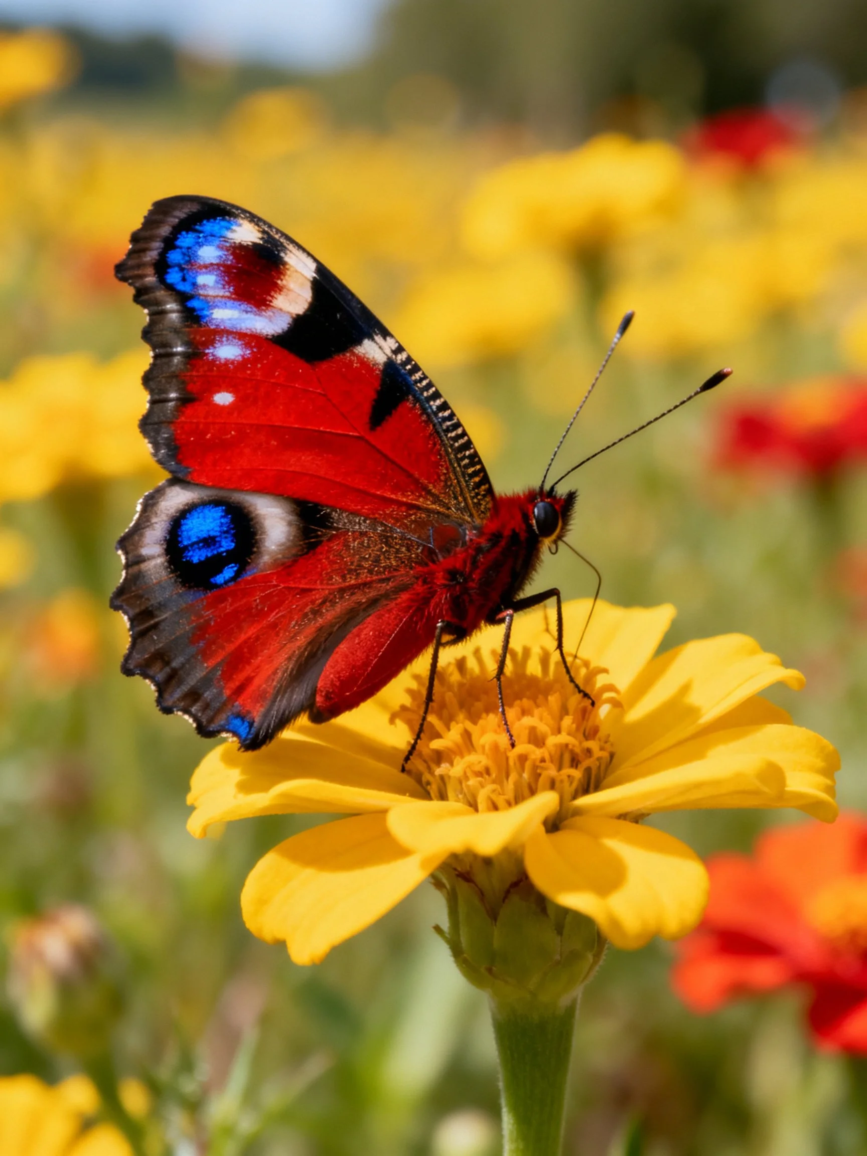 A colorful butterfly rests on a yellow flower amid a field of blooms.