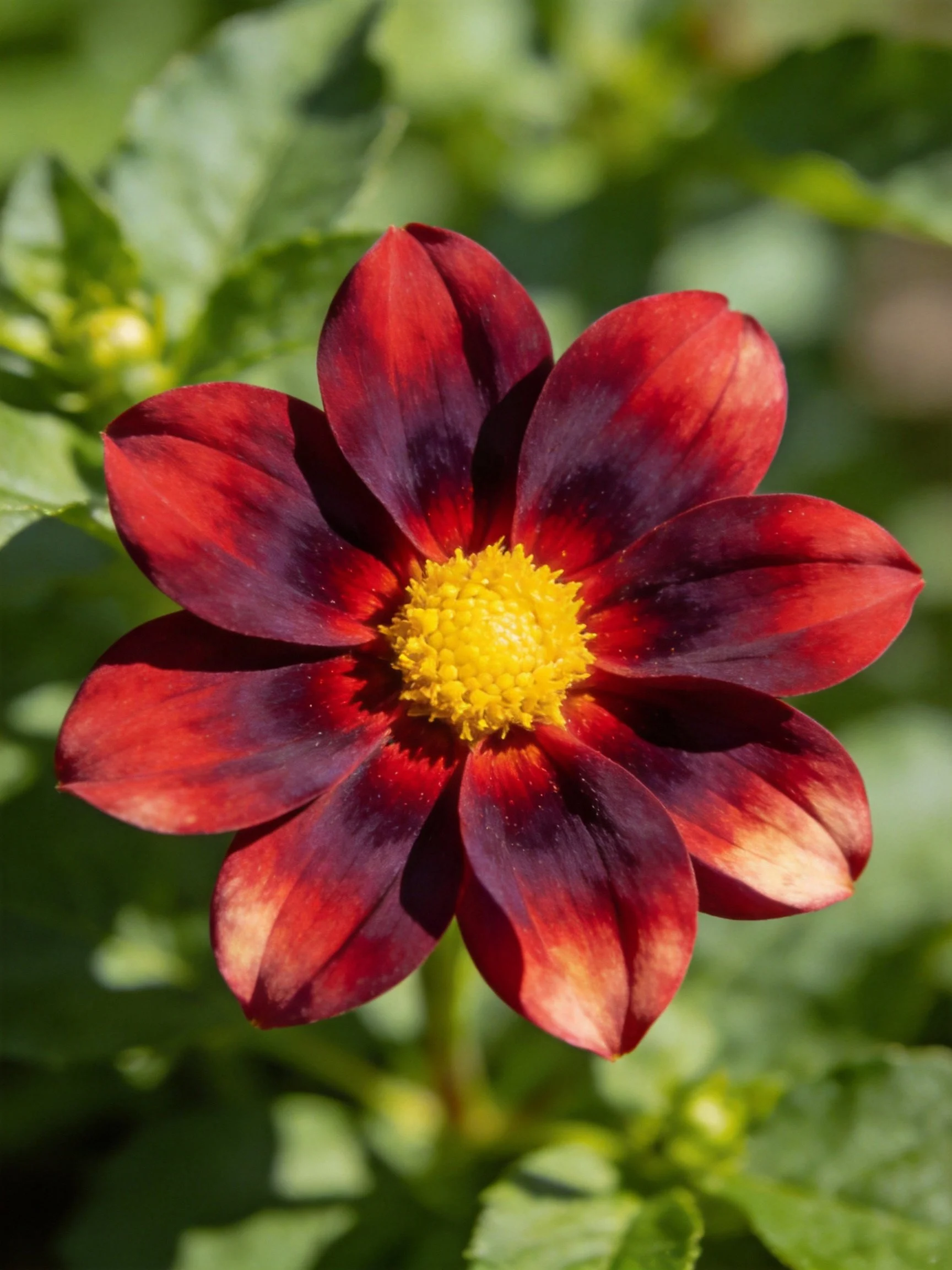 A vibrant red and dark purple dahlia with a golden center