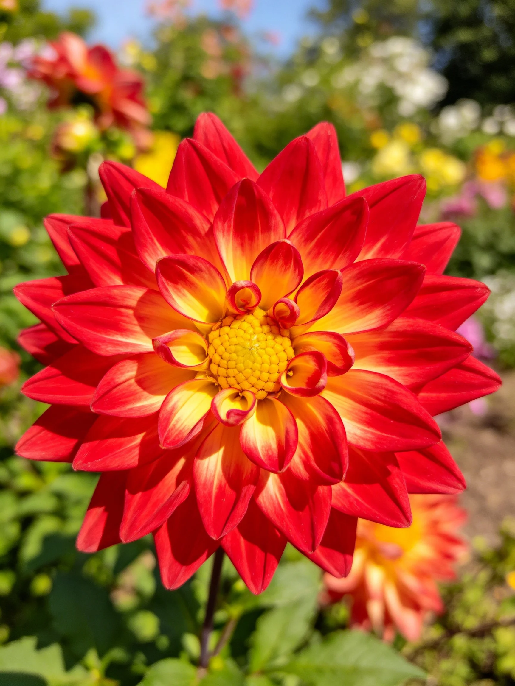 A vibrant red and gold dahlia in sharp focus with blurred garden backdrop
