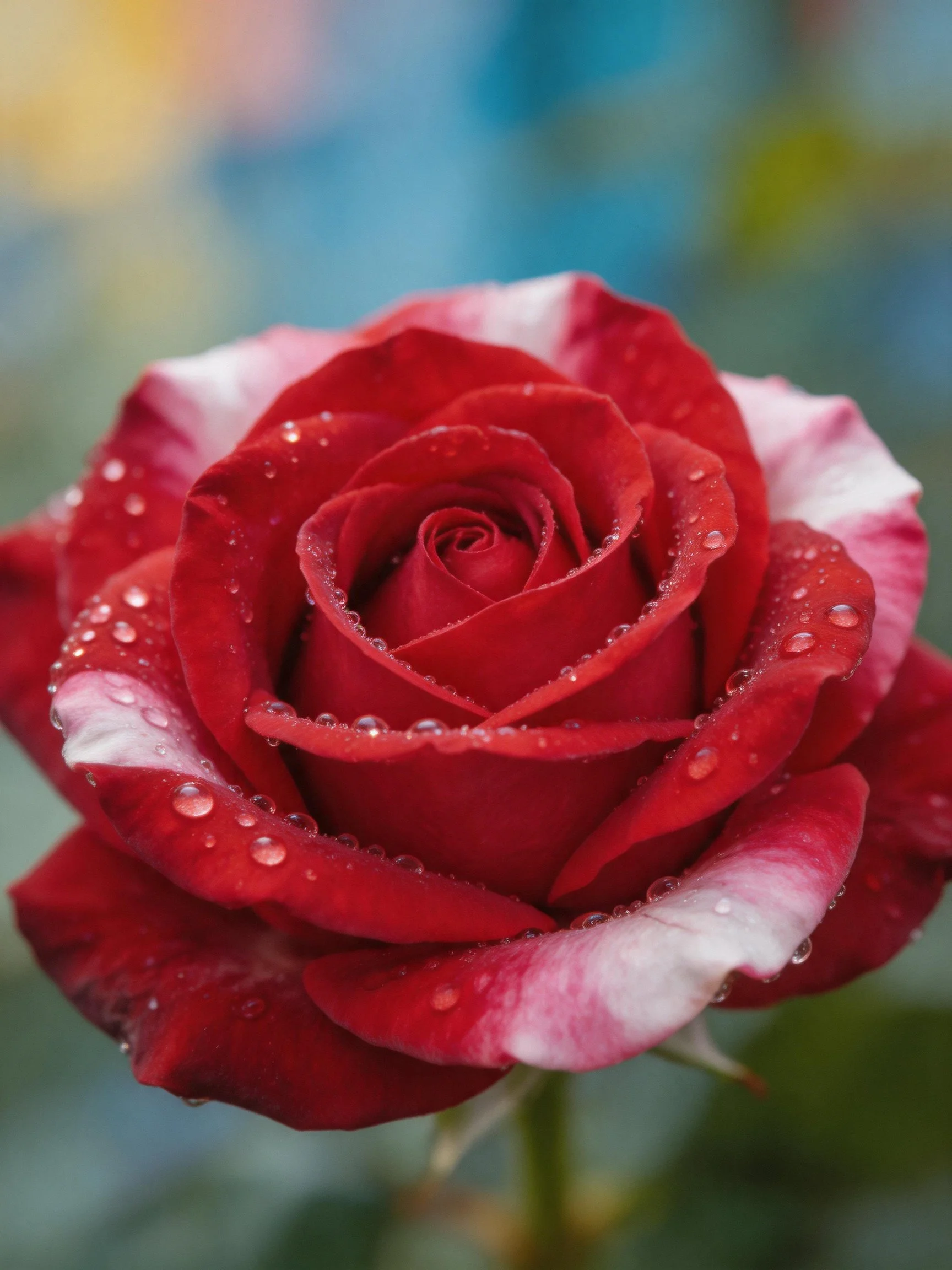 A vibrant red and pink rose adorned with water droplets