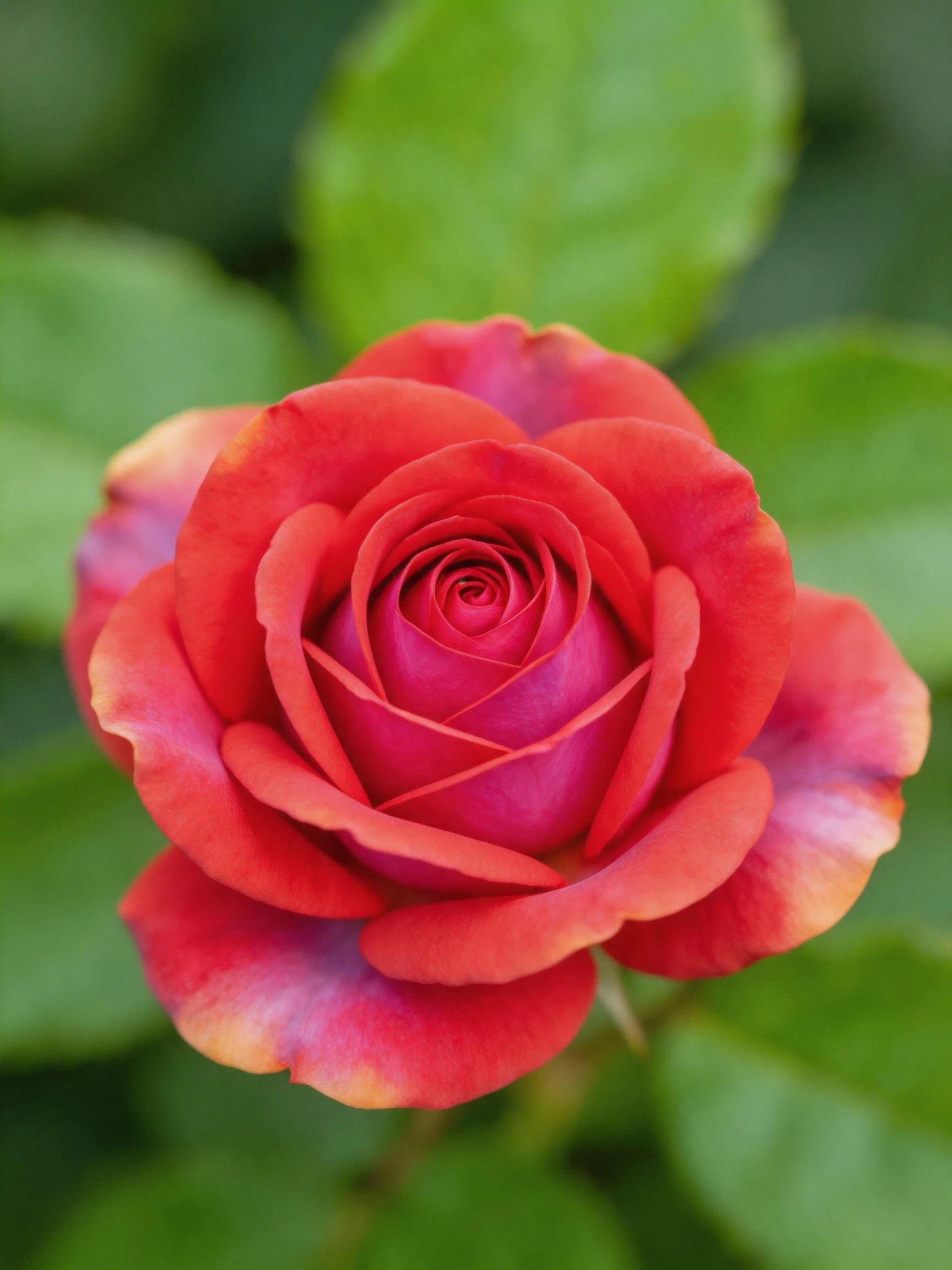 A vibrant red and pink rose with green foliage backdrop