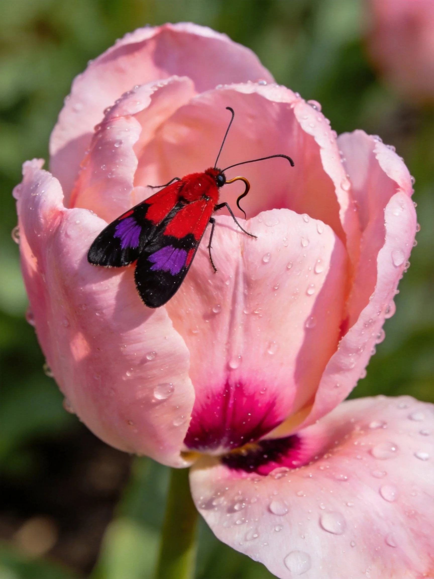 A vibrant red and purple insect rests on a dewy pink tulip
