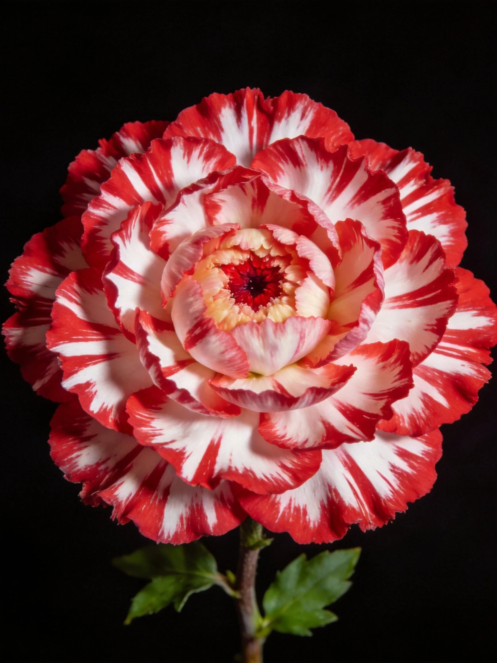 A vibrant red and white striped carnation with layered petals