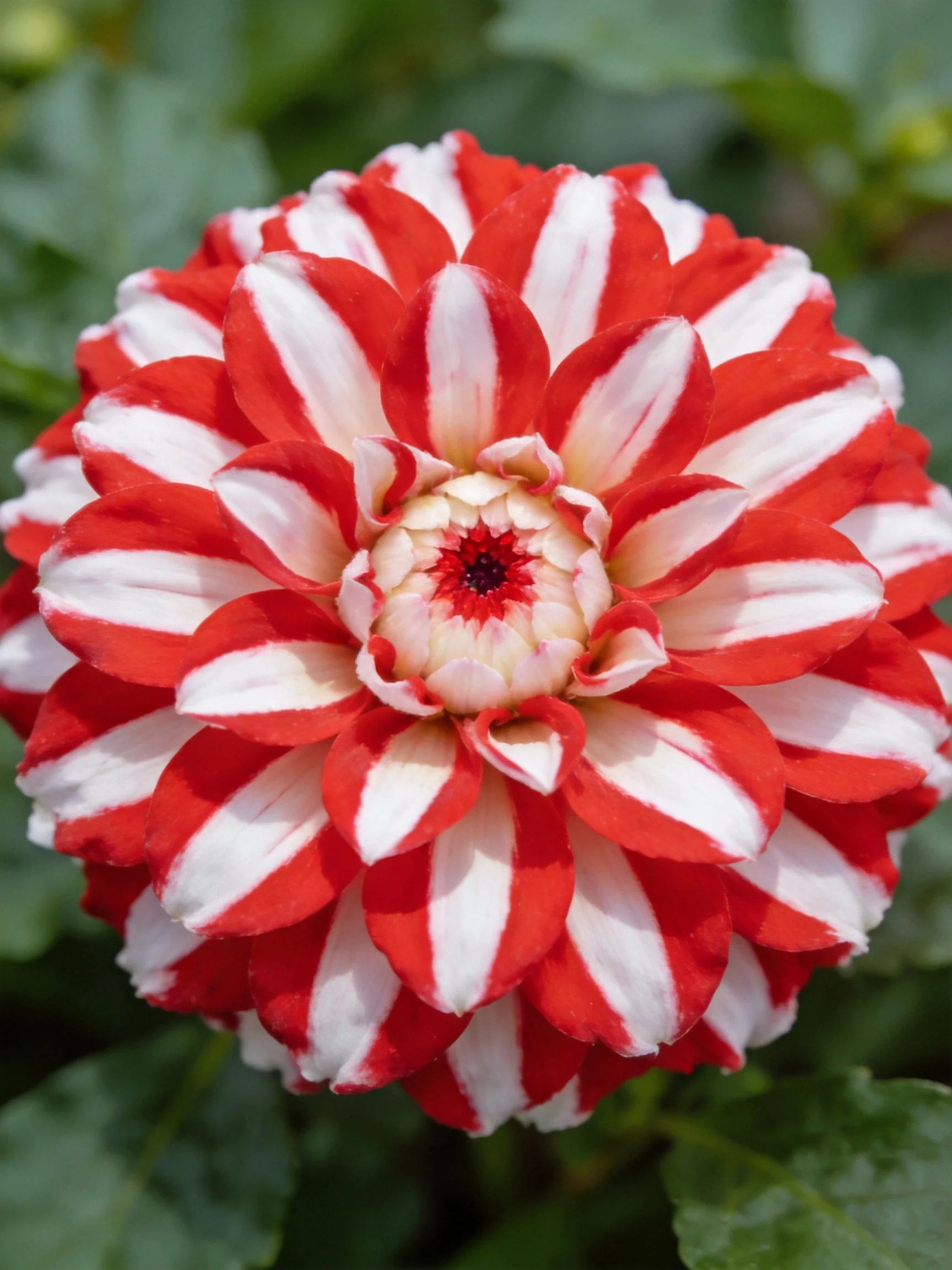 A vibrant red and white striped dahlia with layered petals