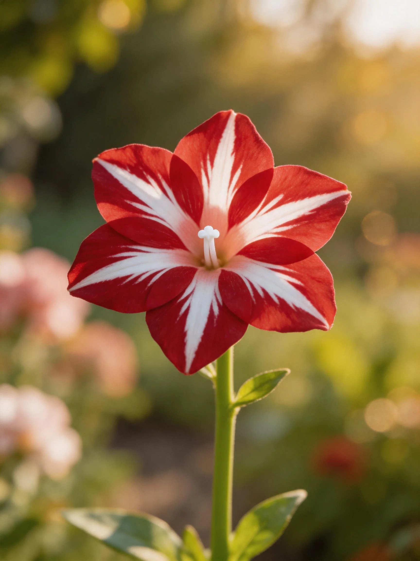 A vibrant red and white striped flower in a sunlit garden