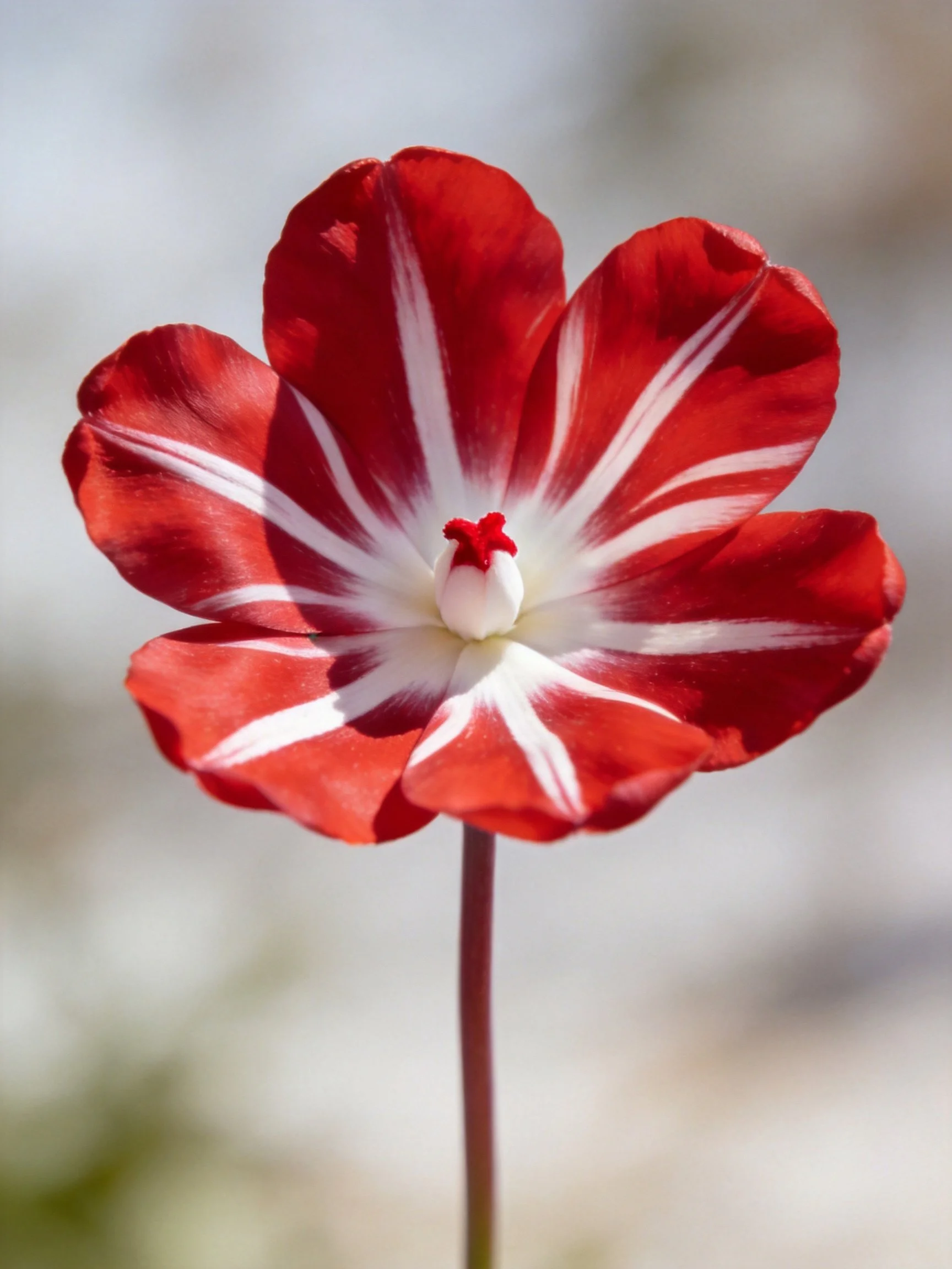 A vibrant red and white striped flower with a central bloom