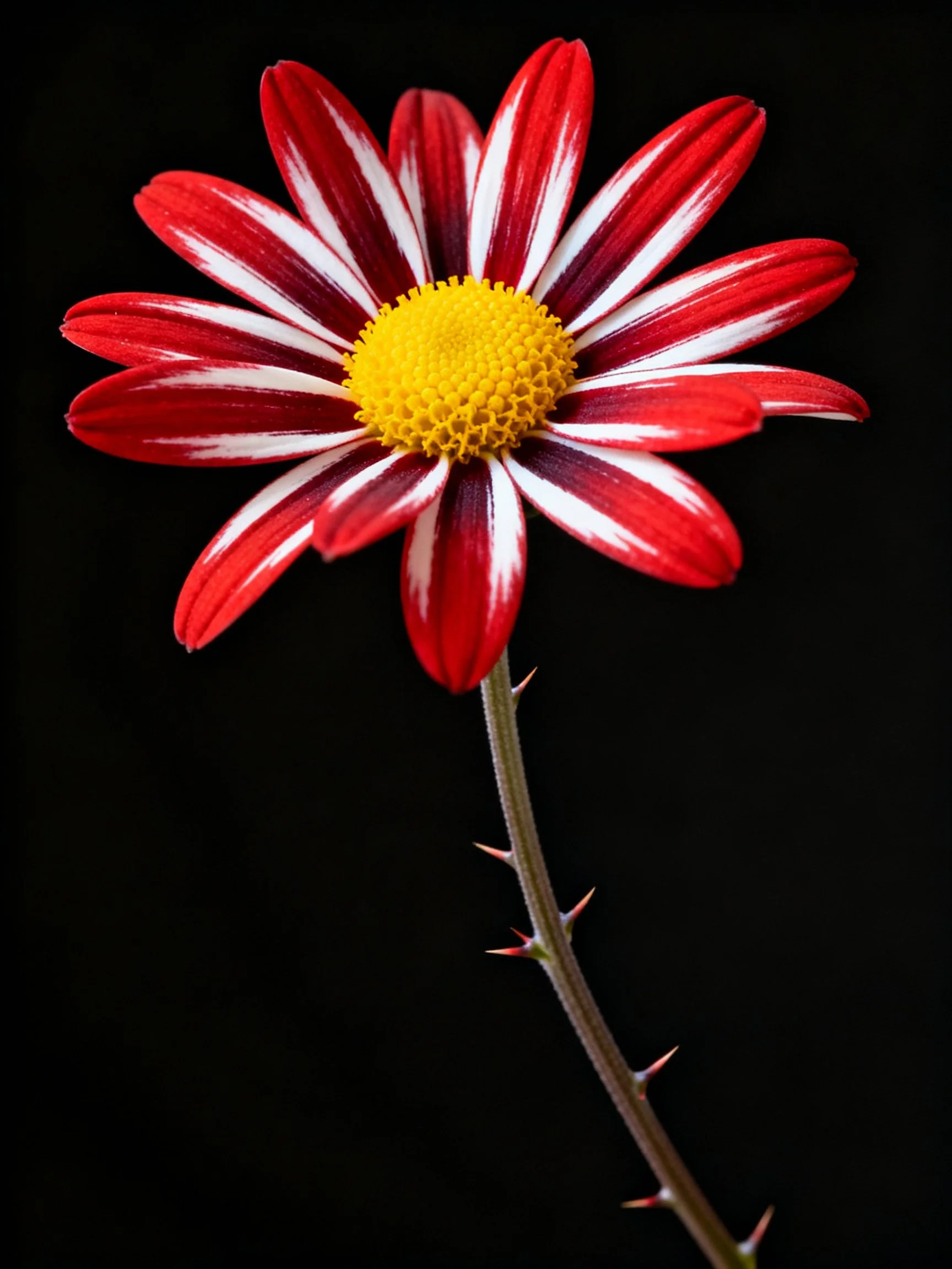 A vibrant red and white striped flower with a golden yellow center