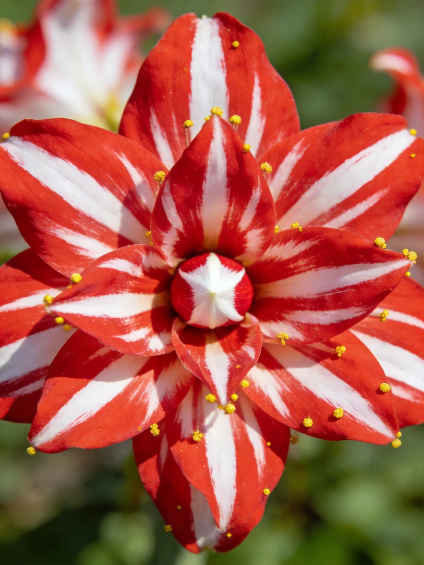 A vibrant red and white striped flower with yellow stamens