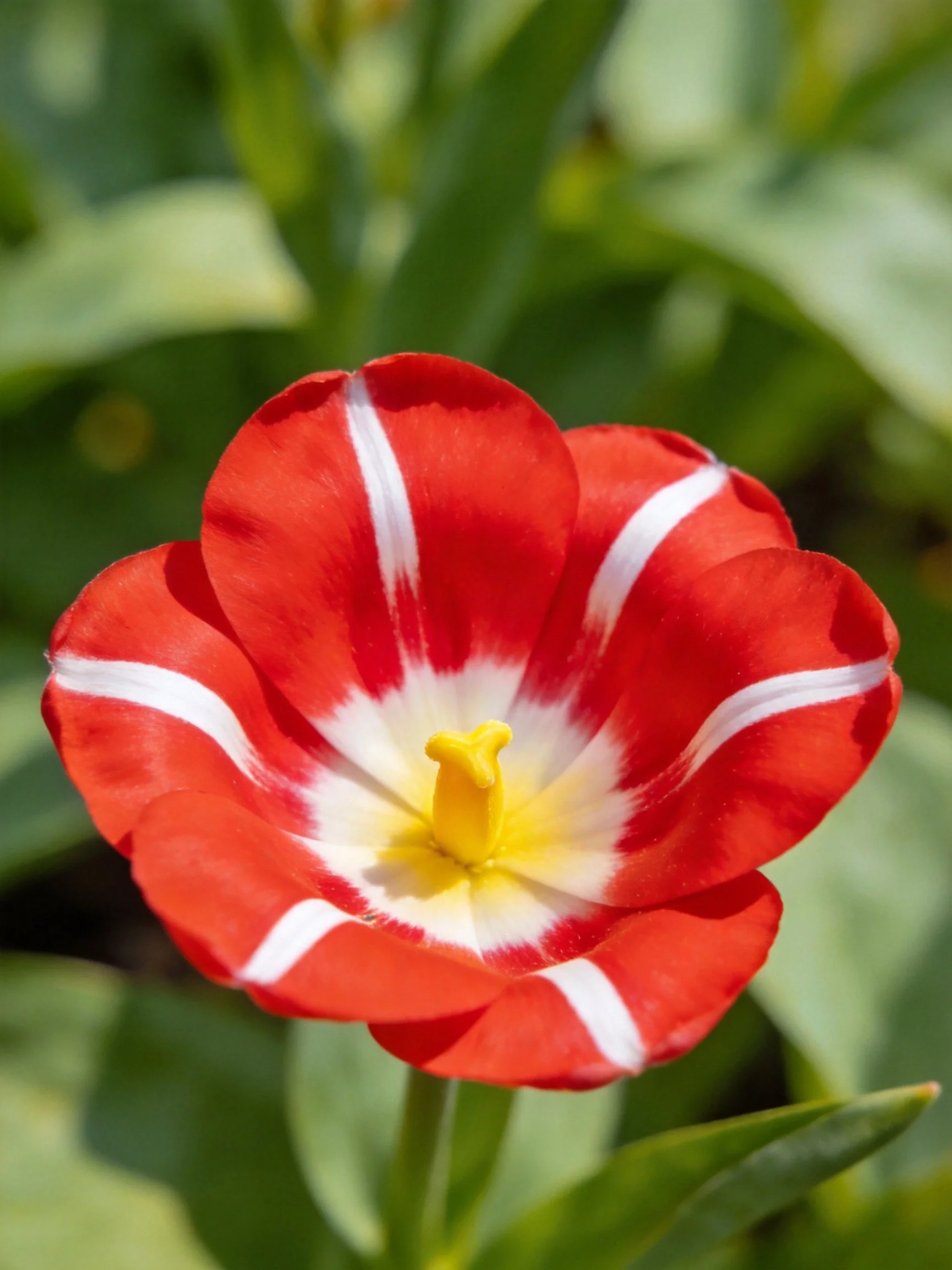 A vibrant red and white striped tulip with bright yellow center