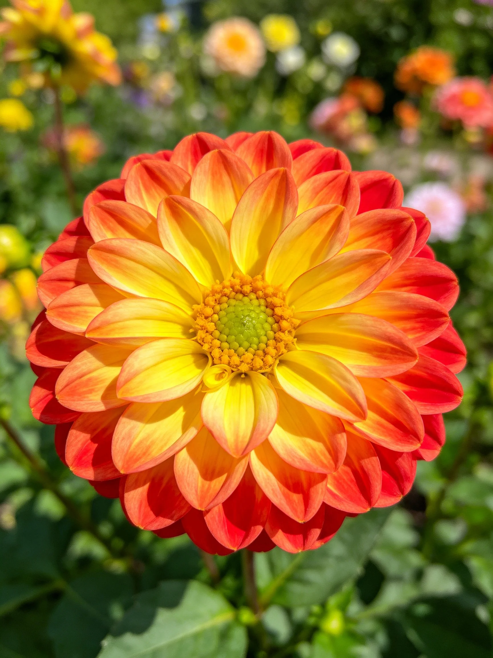 A vibrant red and yellow dahlia blooms prominently among blurred flowers