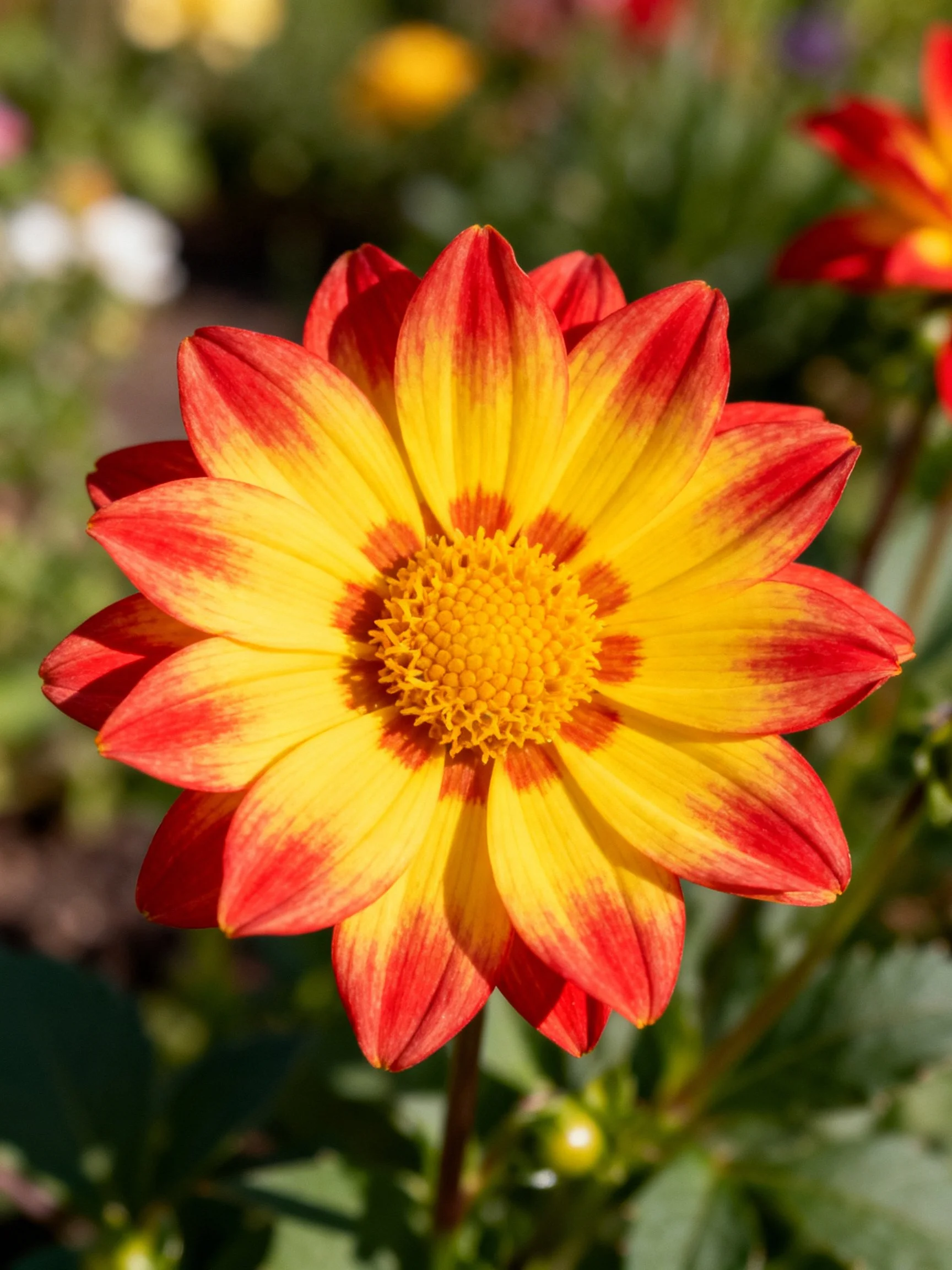 A close - up of a vibrant red and yellow dahlia in a sunlit garden.