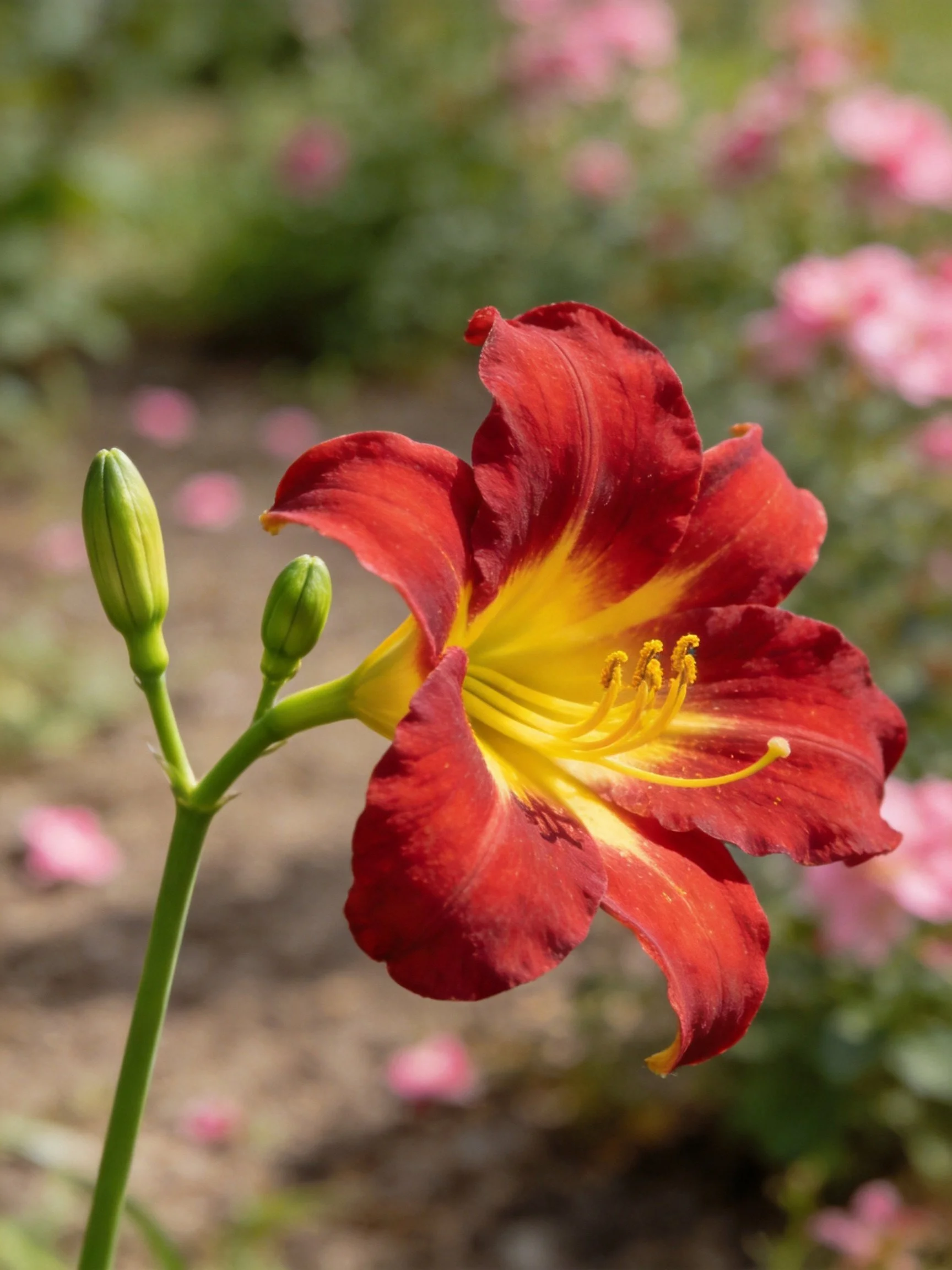 A vibrant red and yellow daylily with two green buds in a garden