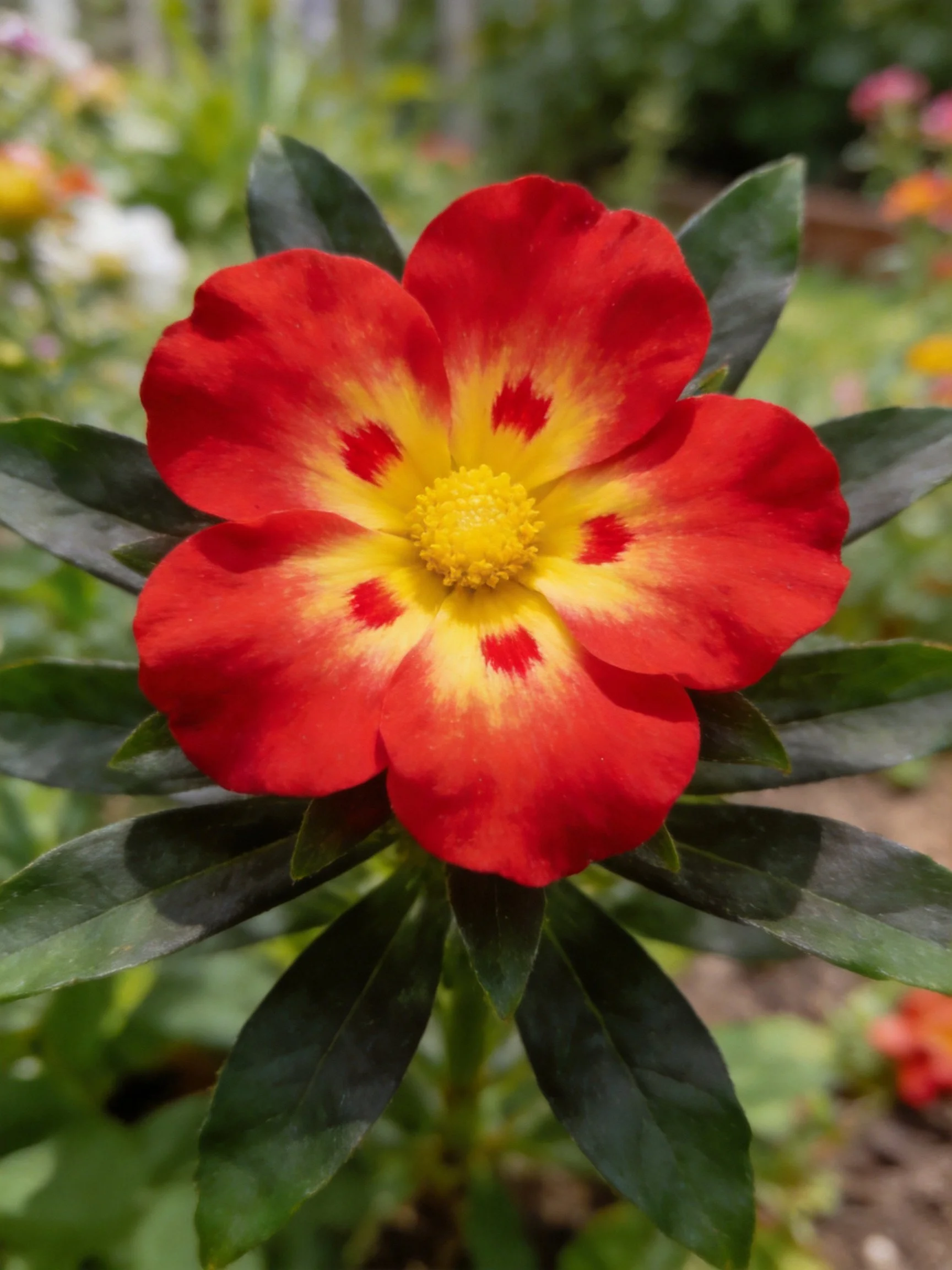 A close - up of a red and yellow flower with dark green leaves