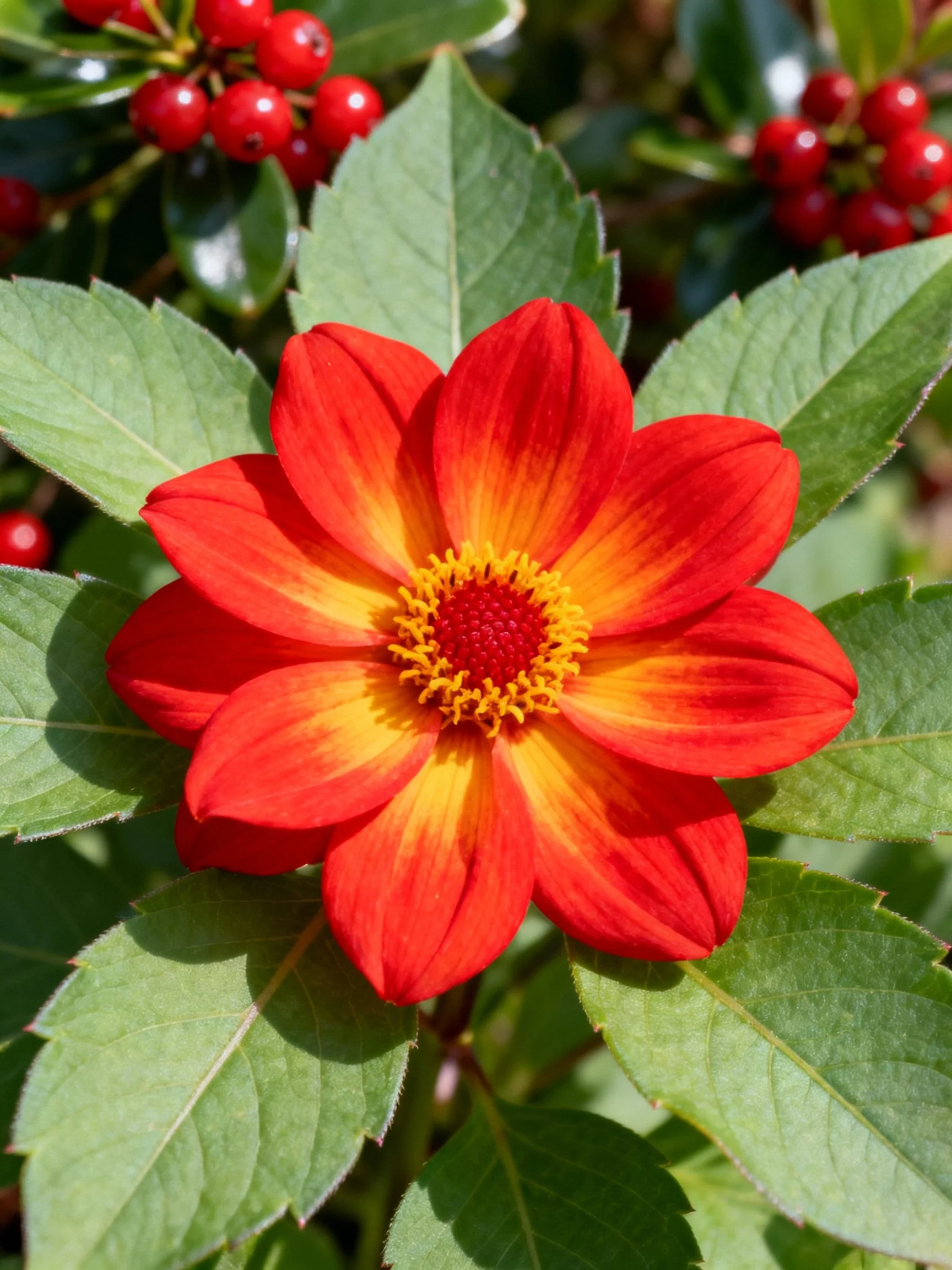 A vibrant red and yellow flower with green leaves and red berries