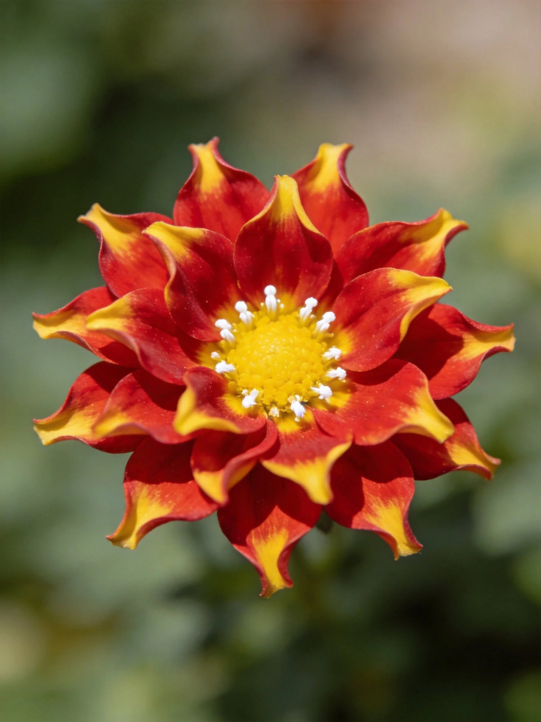 A vibrant red and yellow layered flower with a bright center