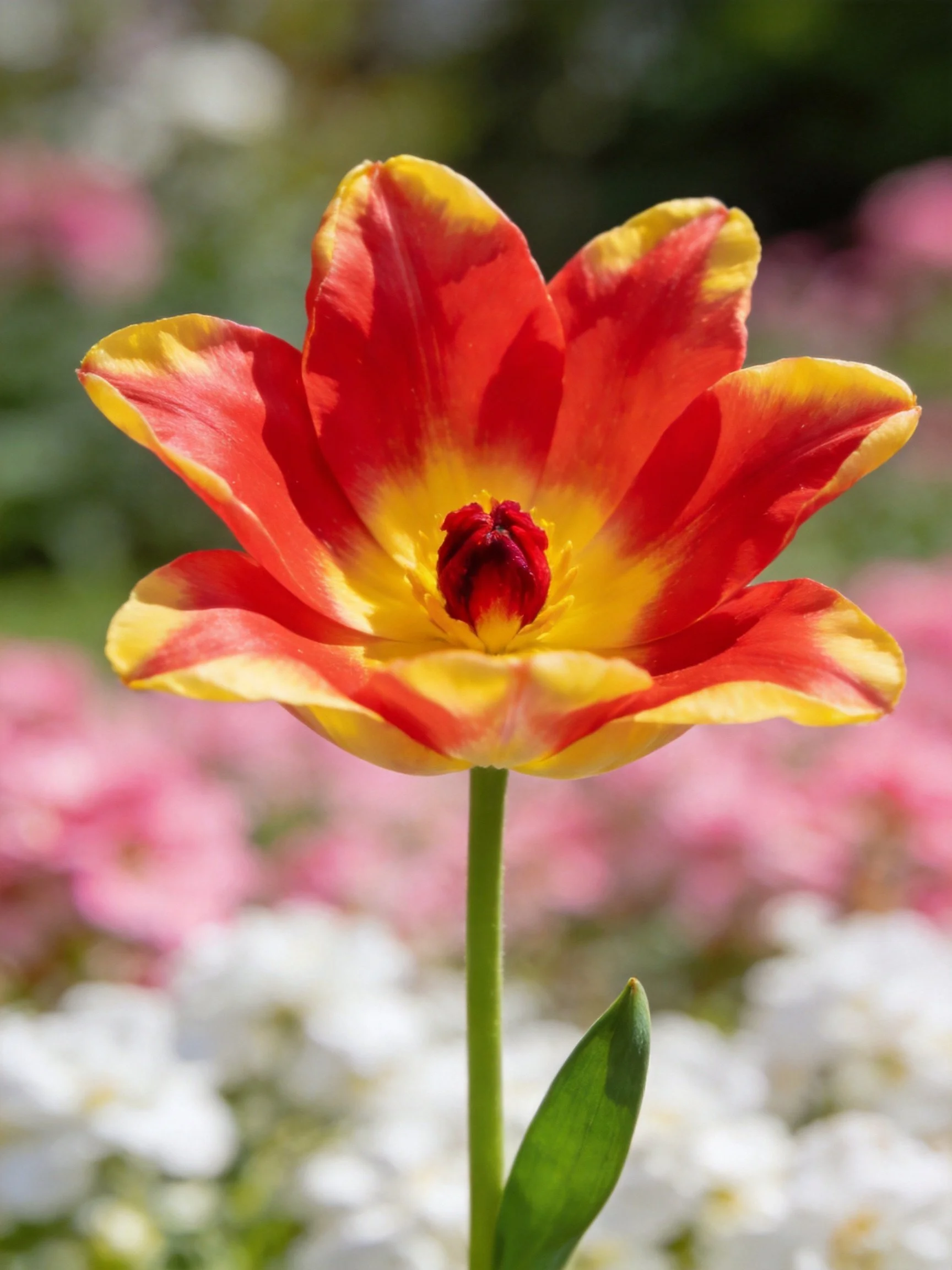 A vibrant red and yellow tulip with a slender green stem