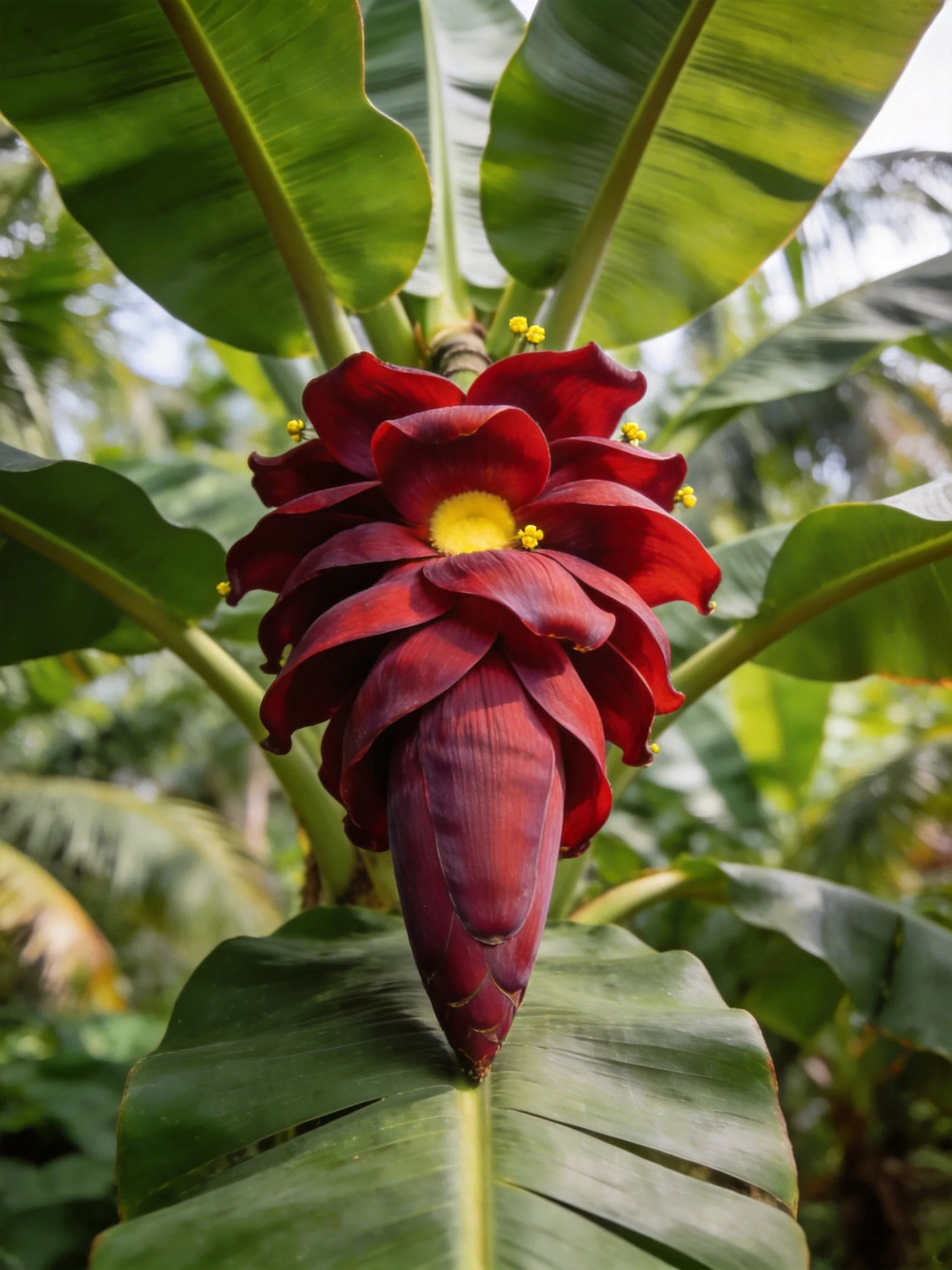 A vibrant red banana blossom with large green leaves