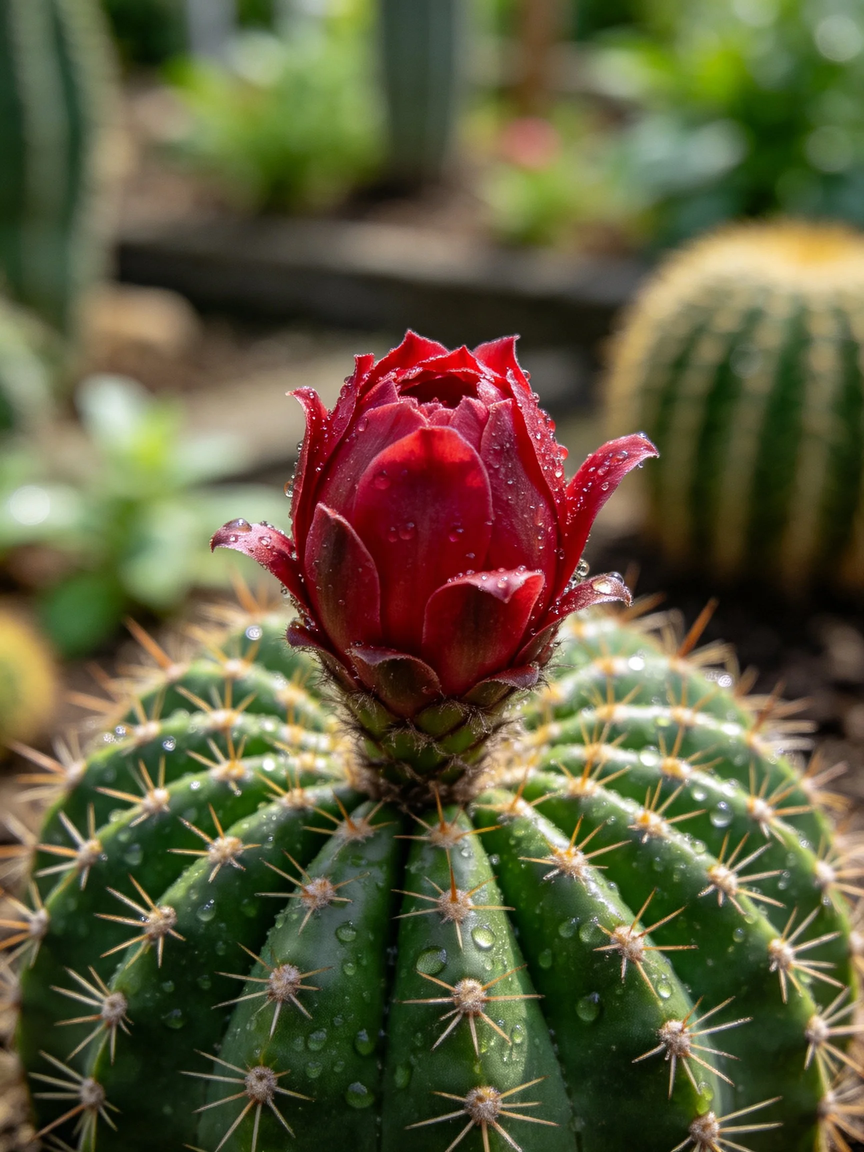 A vibrant red cactus flower bud with dew drops on a spiny green cactus