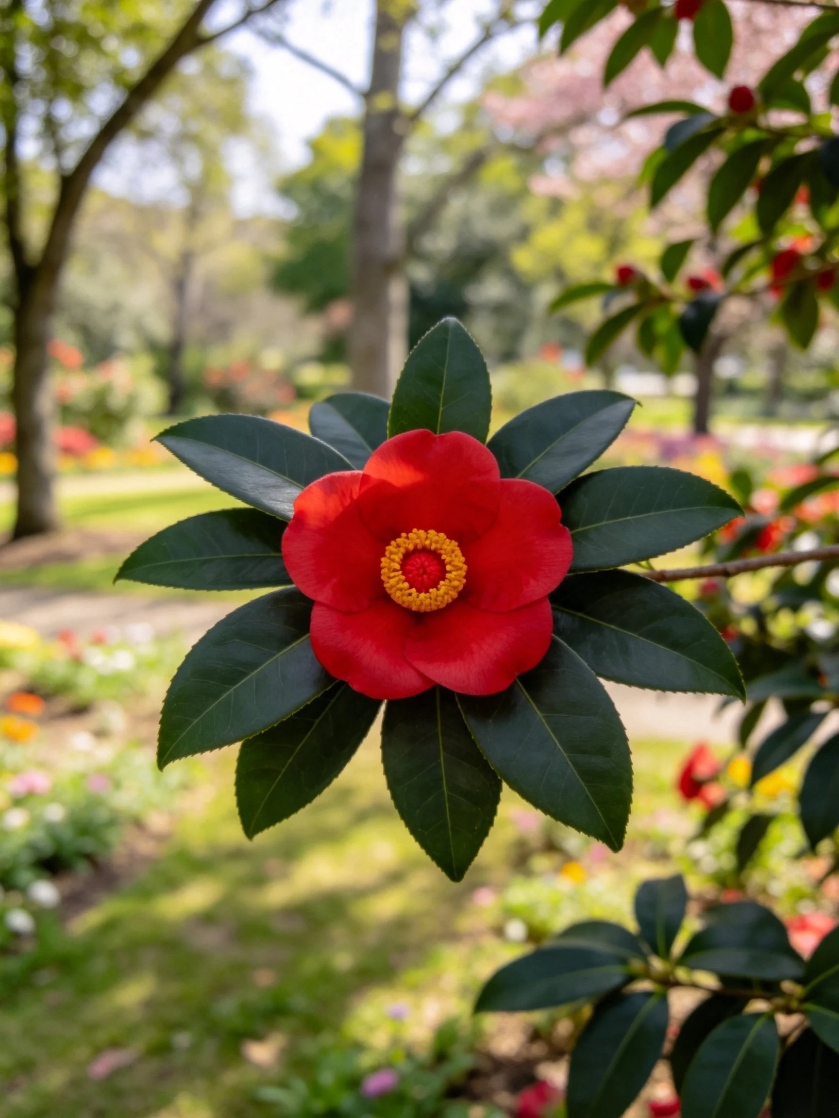 A vibrant red camellia blooms among glossy green leaves in a sunlit garden