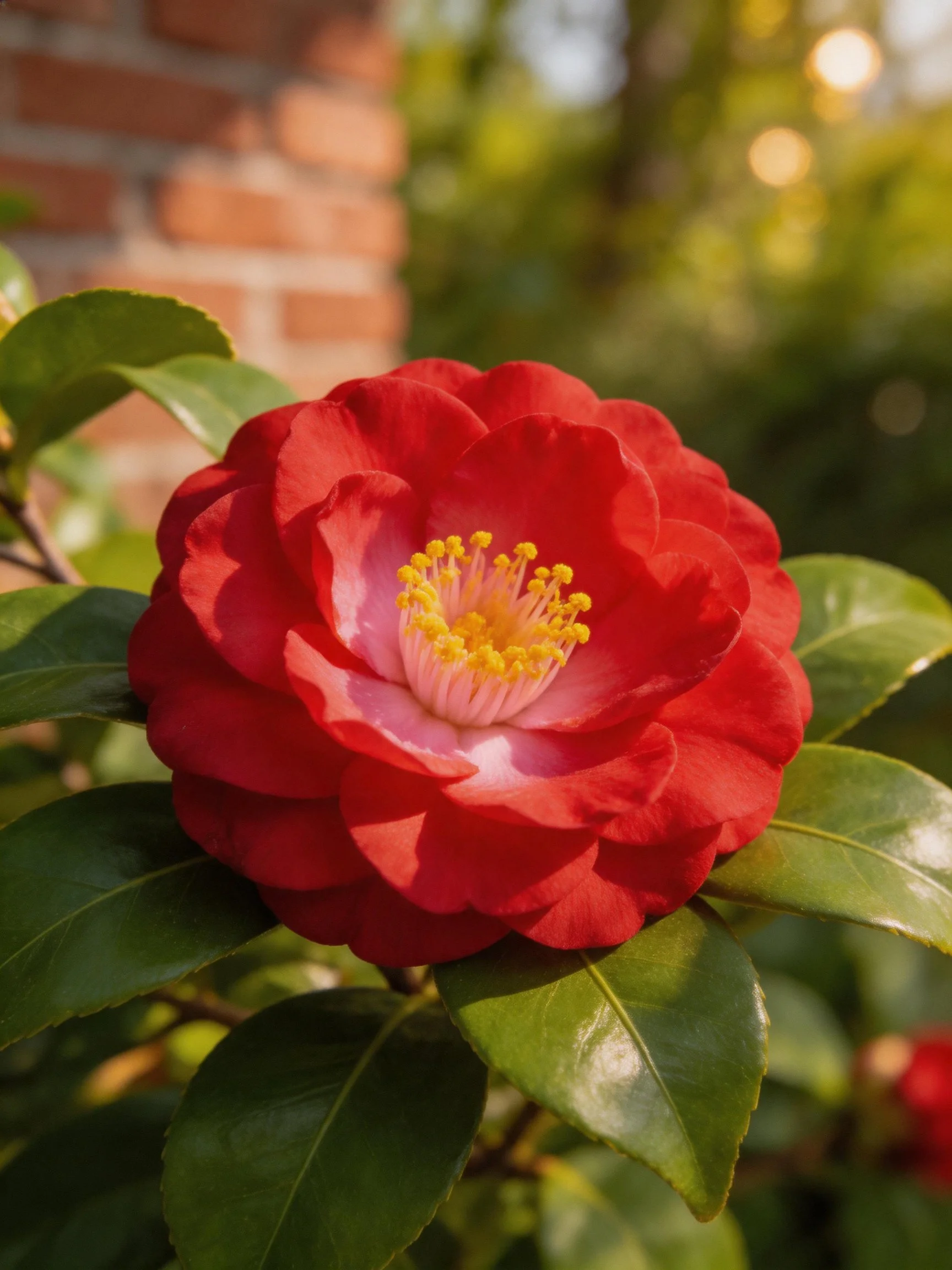 A vibrant red camellia blooms near a brick wall