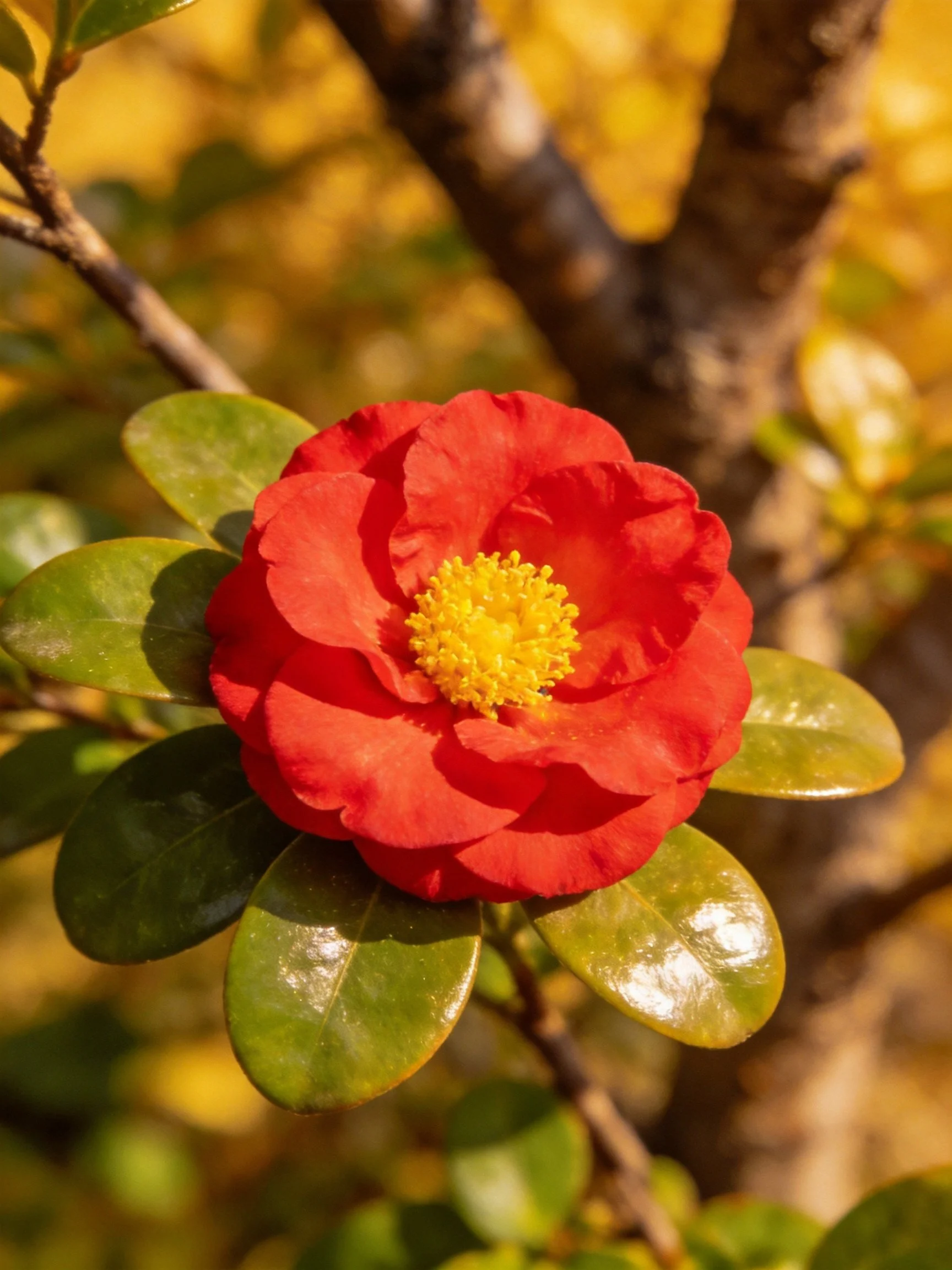 A vibrant red camellia flower with yellow center amid glossy green leaves