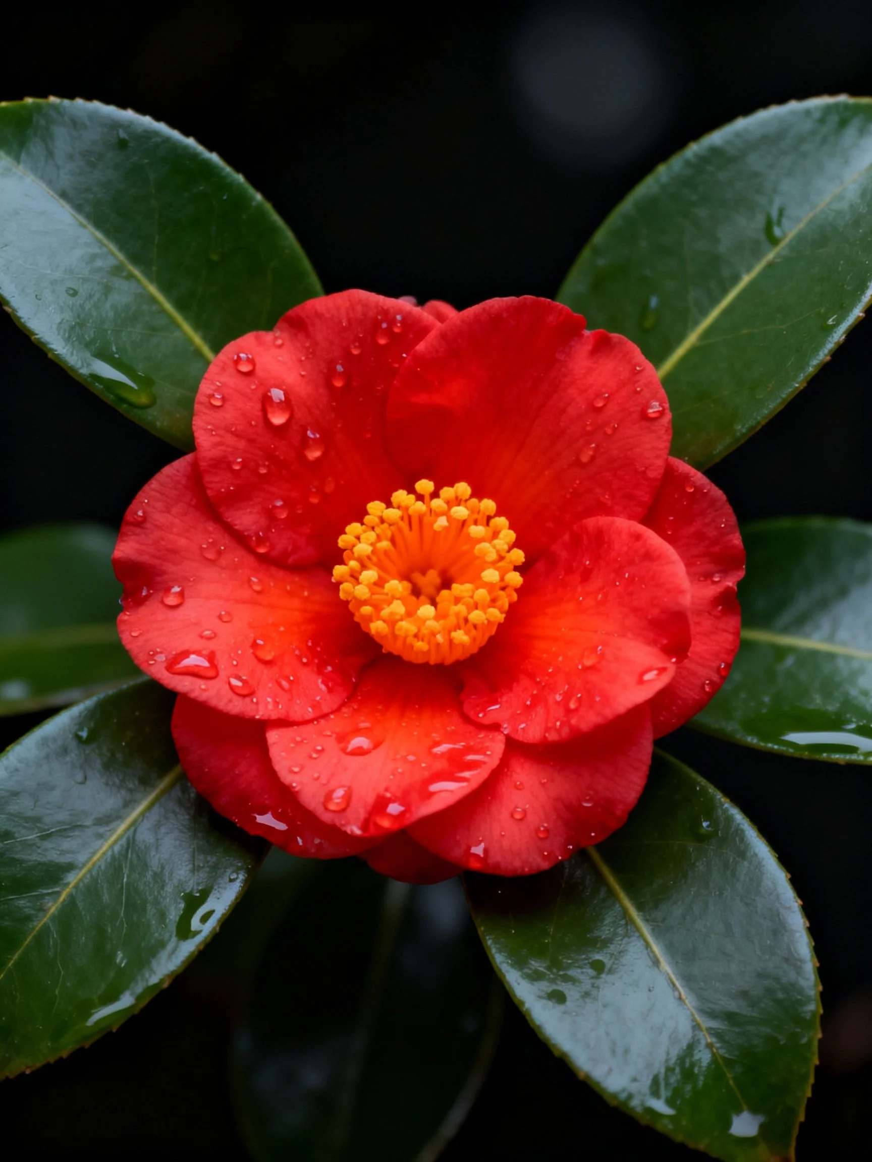 A vibrant red camellia with water droplets and glossy green leaves