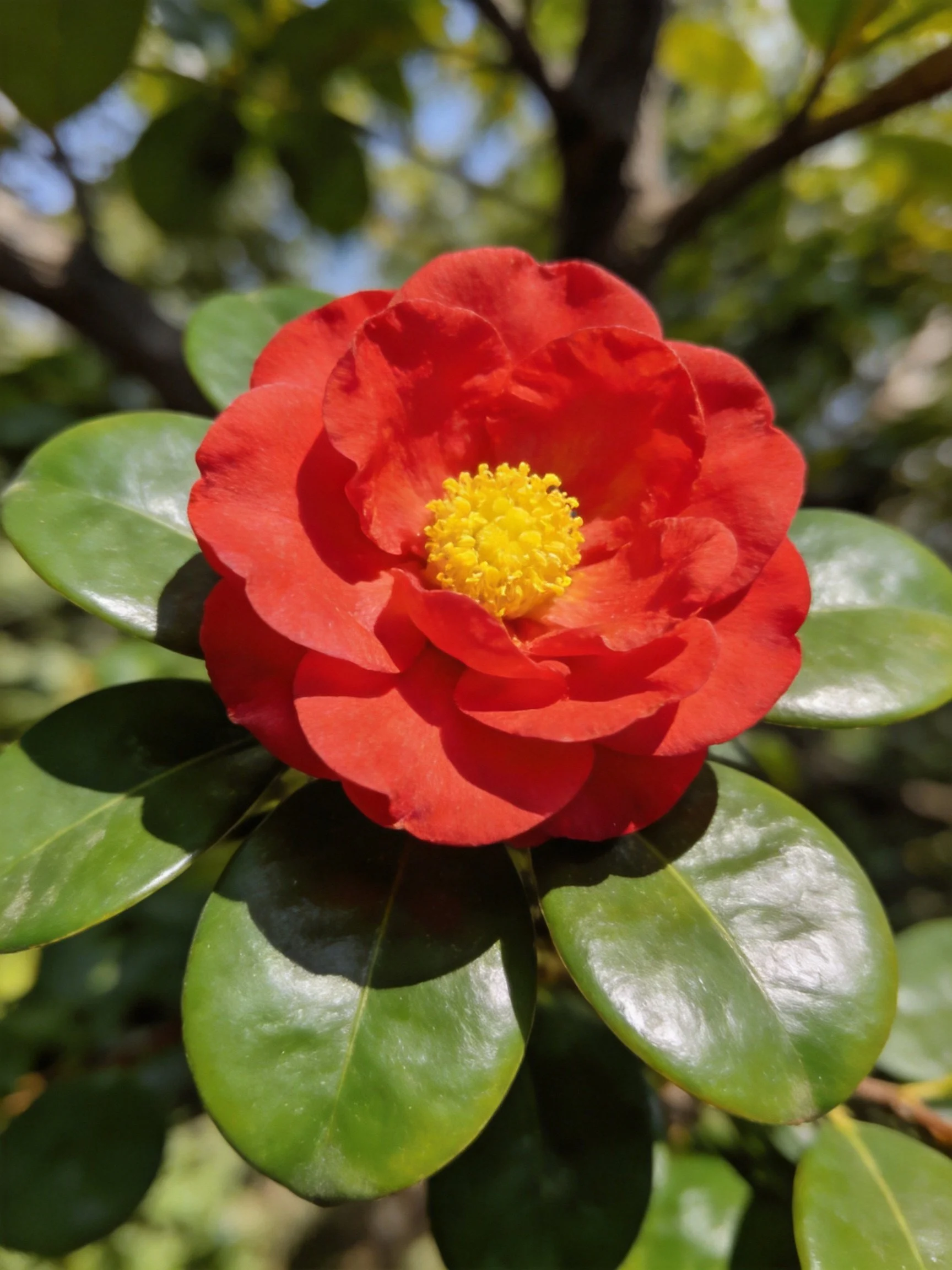 A vibrant red camellia with yellow center amid glossy green leaves