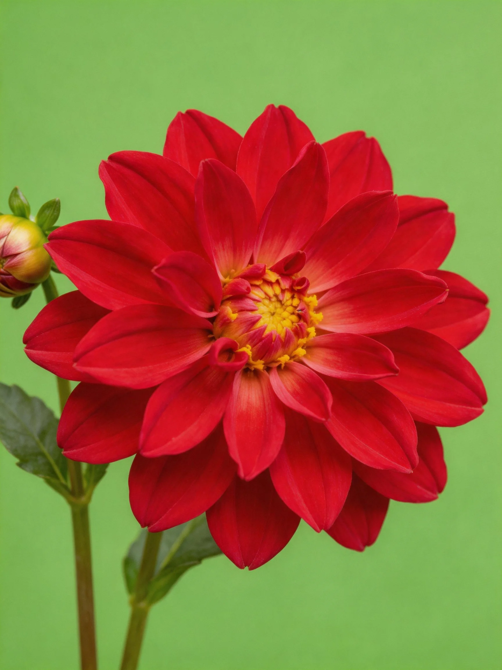 A vibrant red dahlia blooms beside a closed bud with a solid green backdrop