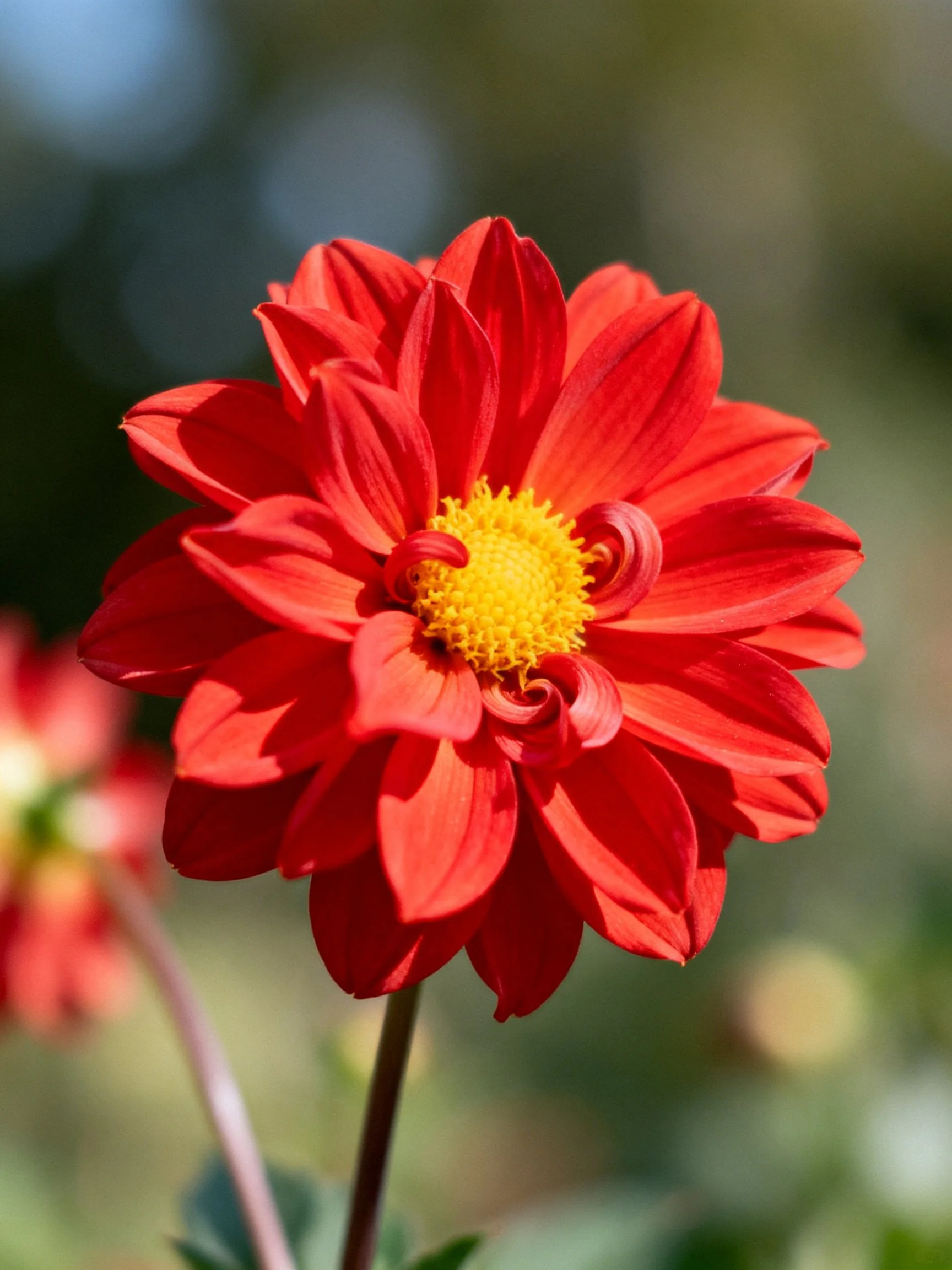 A vibrant red dahlia with a golden center