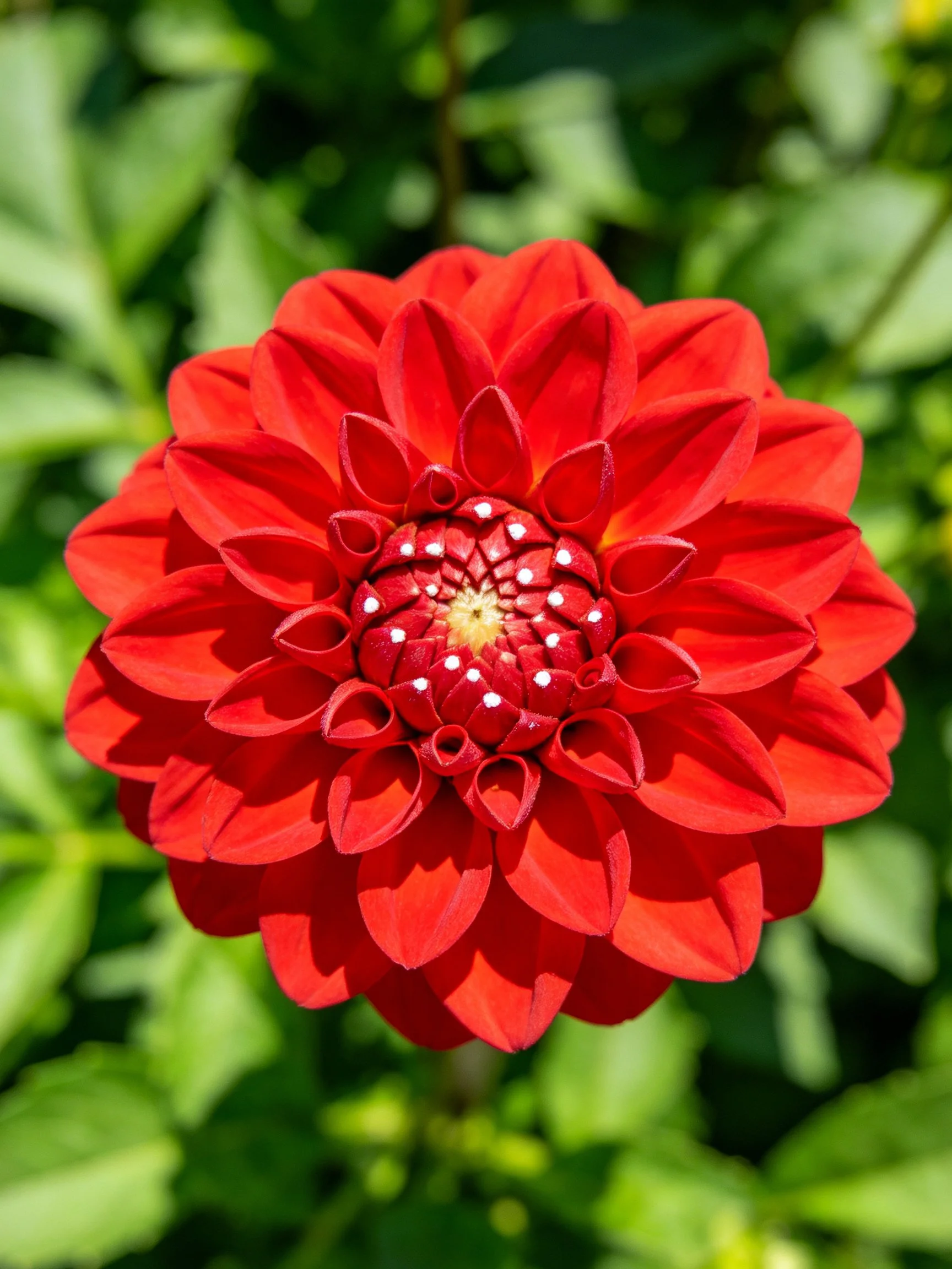 A vibrant red dahlia with layered petals against green foliage