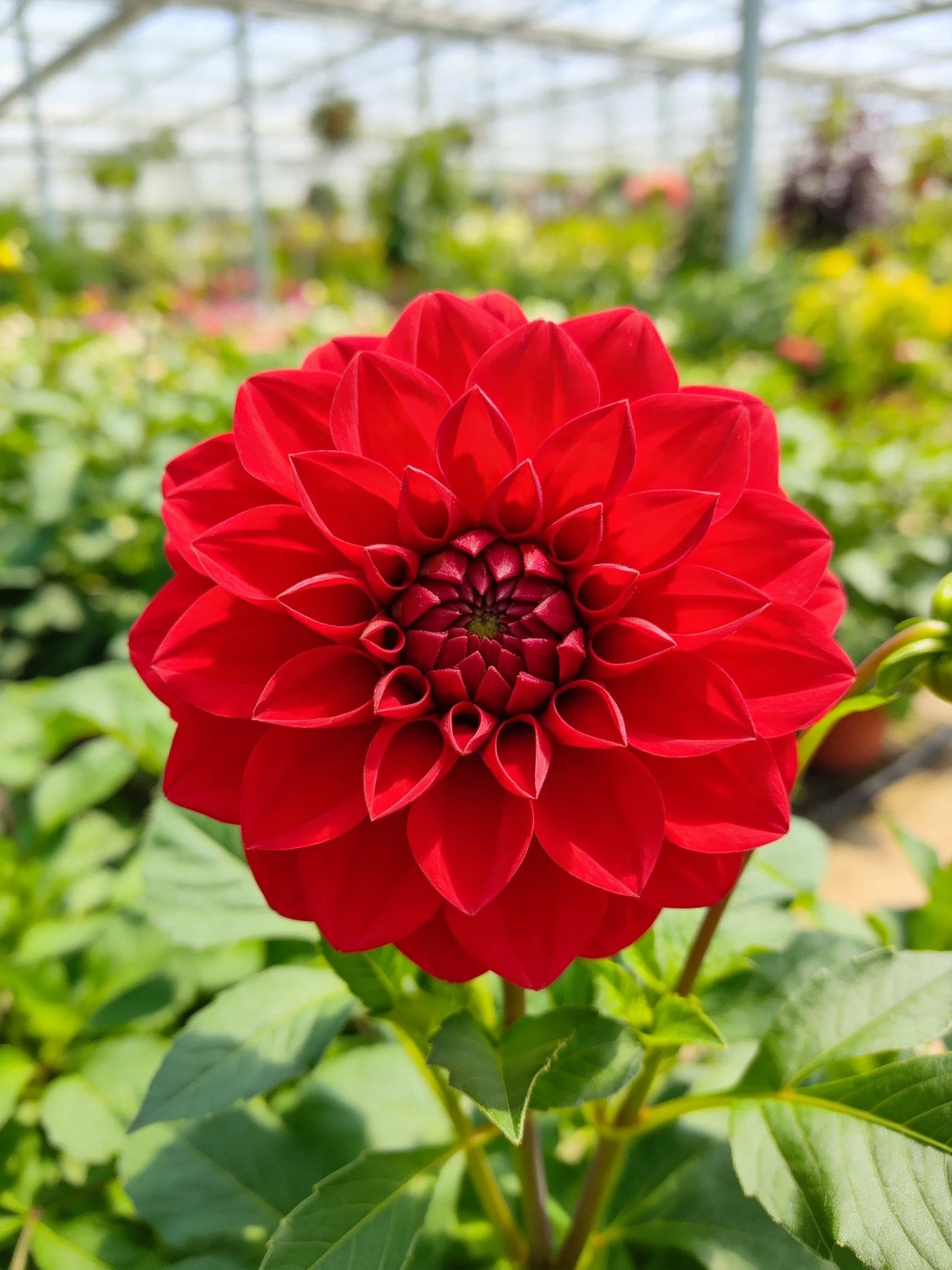 A vibrant red dahlia with layered petals amid green foliage