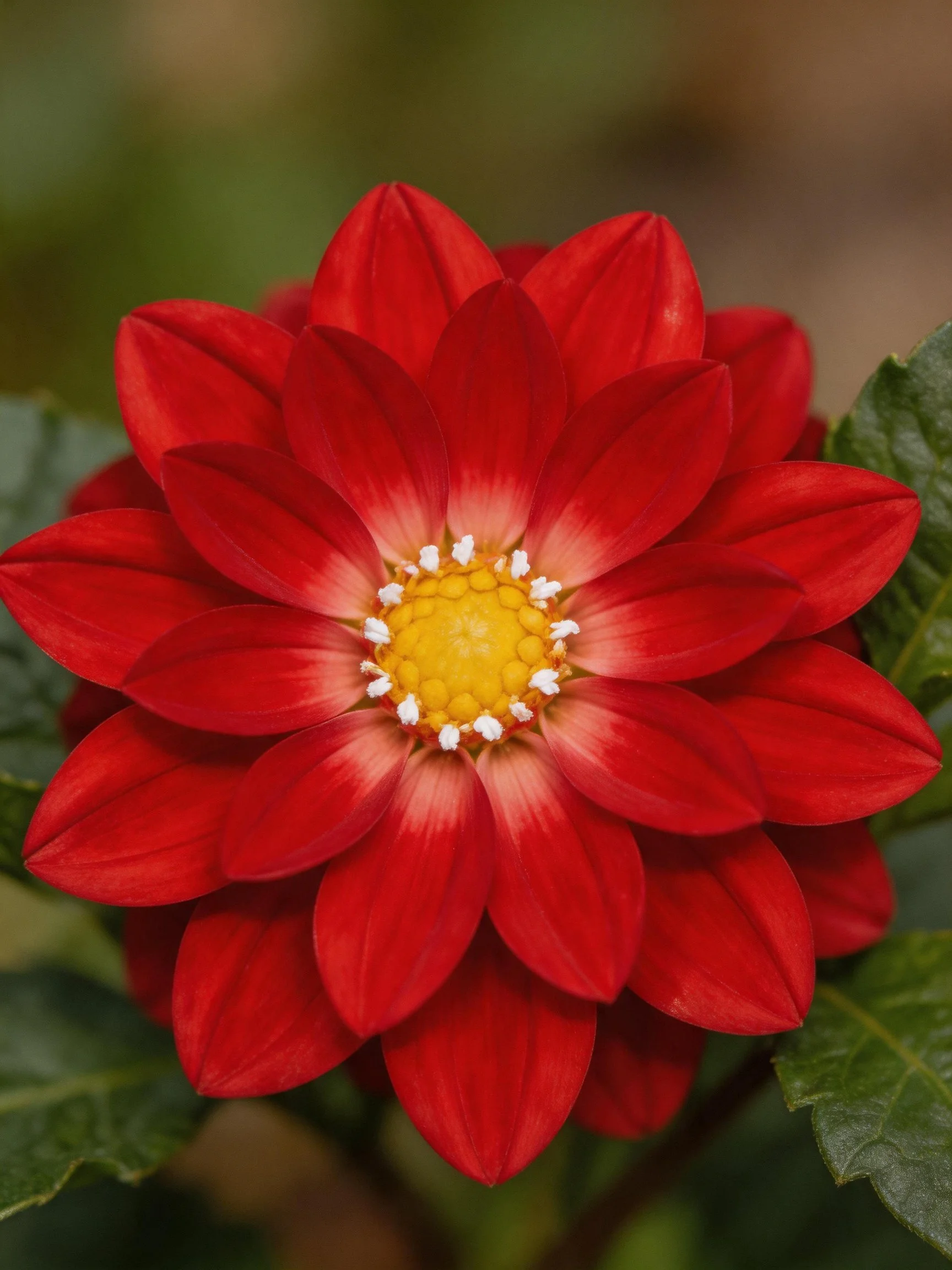 A vibrant red dahlia with layered petals and a yellow center