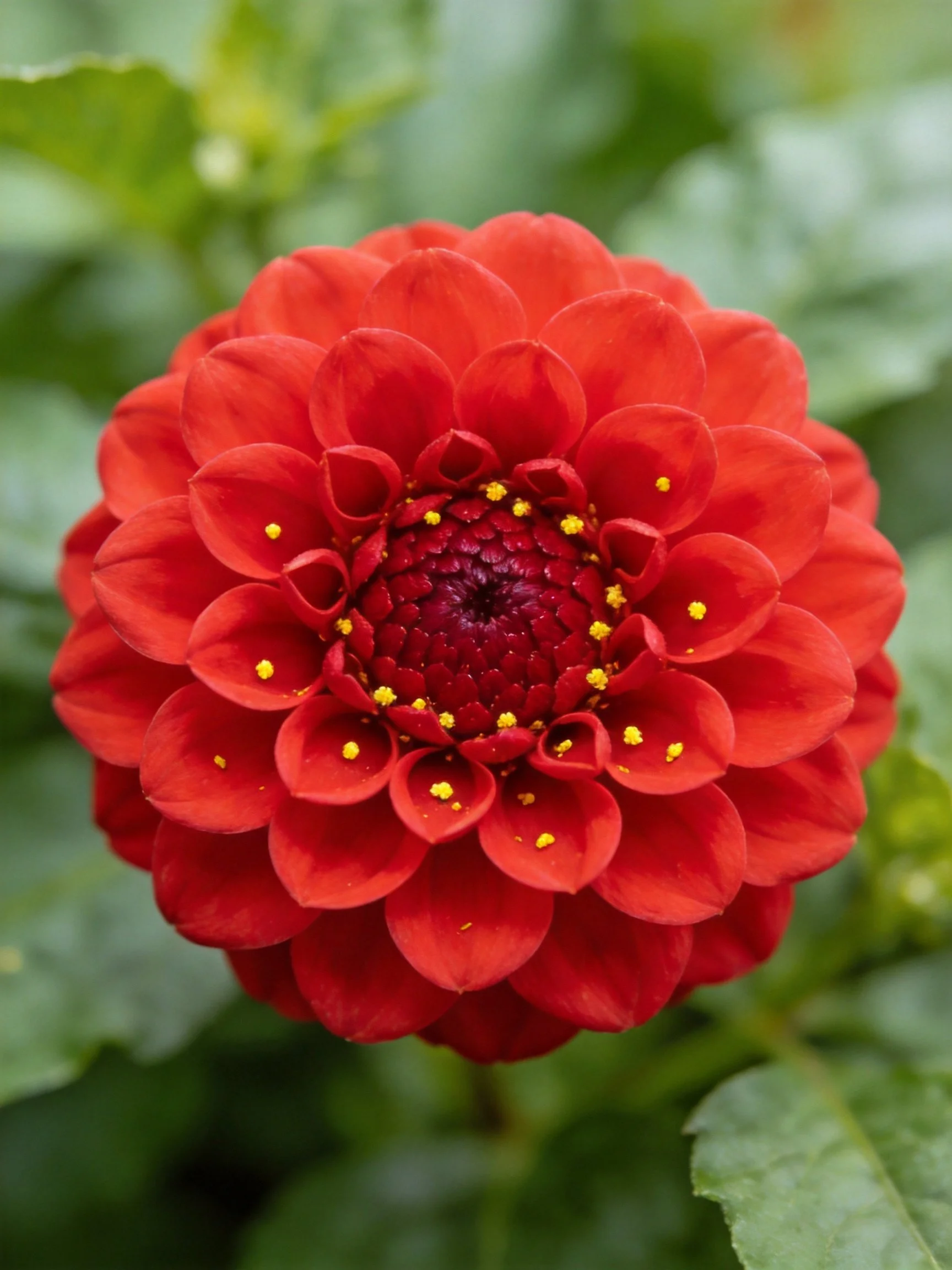 A vibrant red dahlia with layered petals and yellow stamens